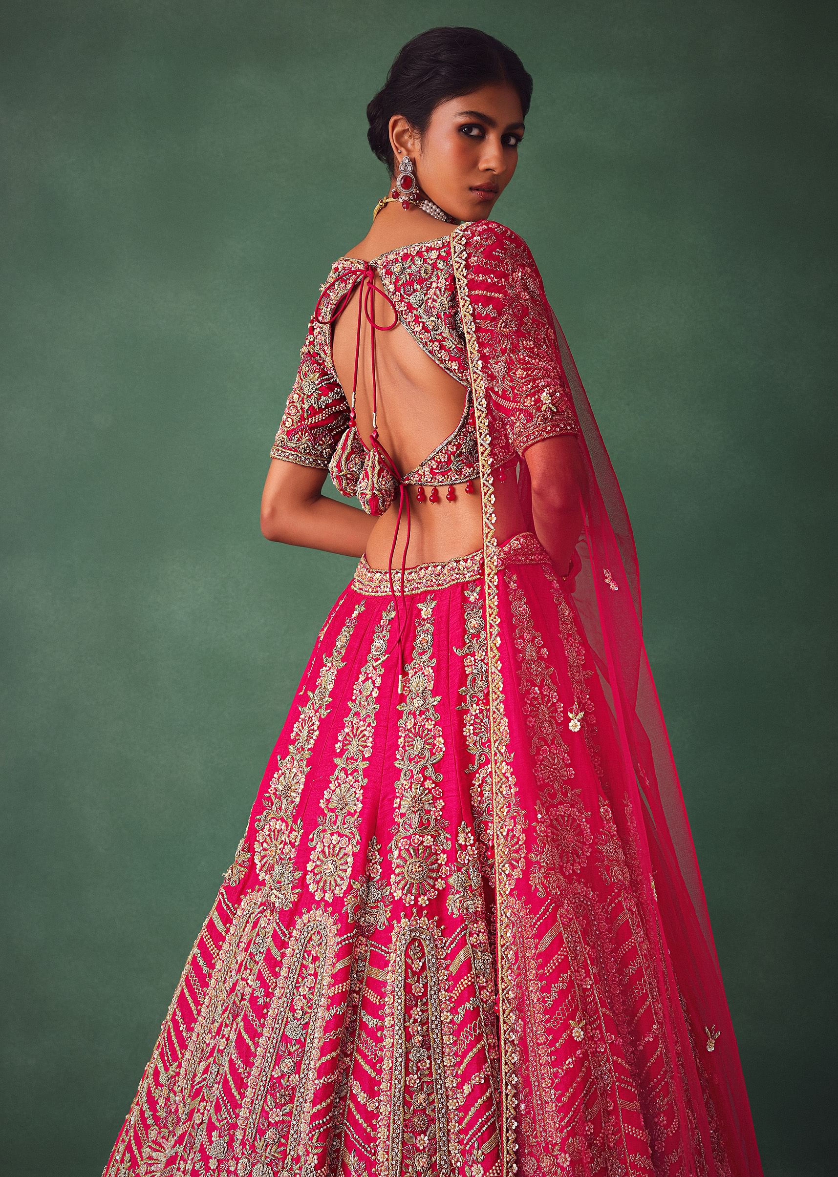 Raw Silk Red Bridal Lehenga With Embroidered Blouse And Scallop Dupatta - Image 4