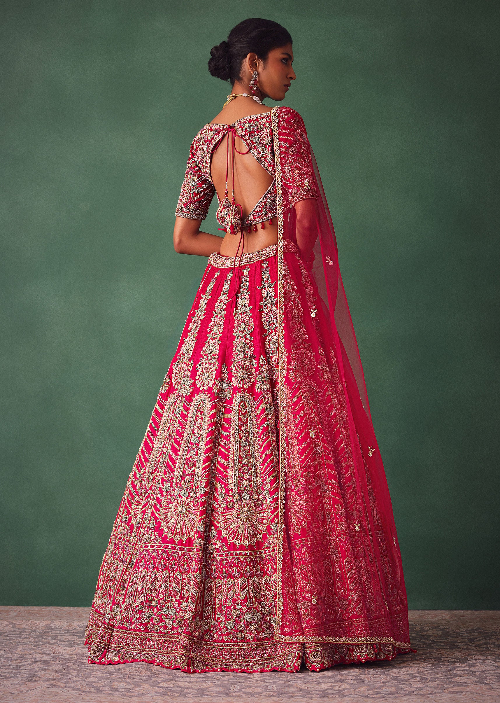 Raw Silk Red Bridal Lehenga With Embroidered Blouse And Scallop Dupatta - Image 6
