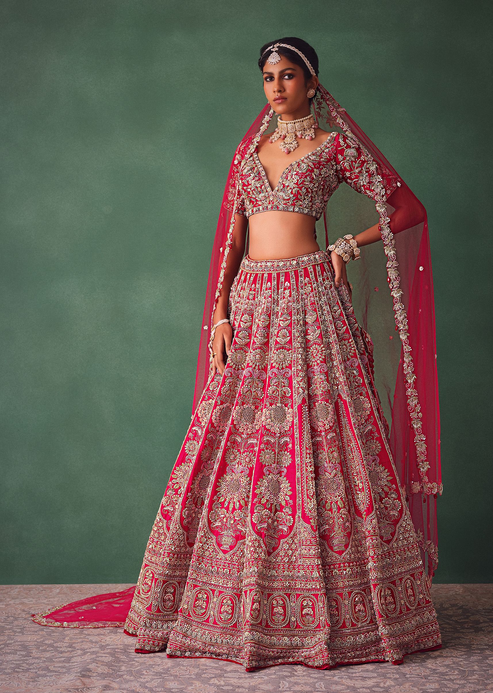Raw Silk Red Bridal Lehenga With Scallop Dupatta - Image 4