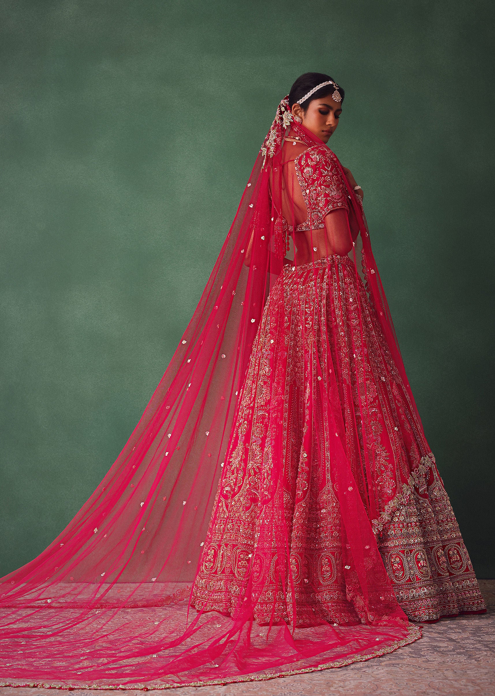 Raw Silk Red Bridal Lehenga With Scallop Dupatta - Image 6