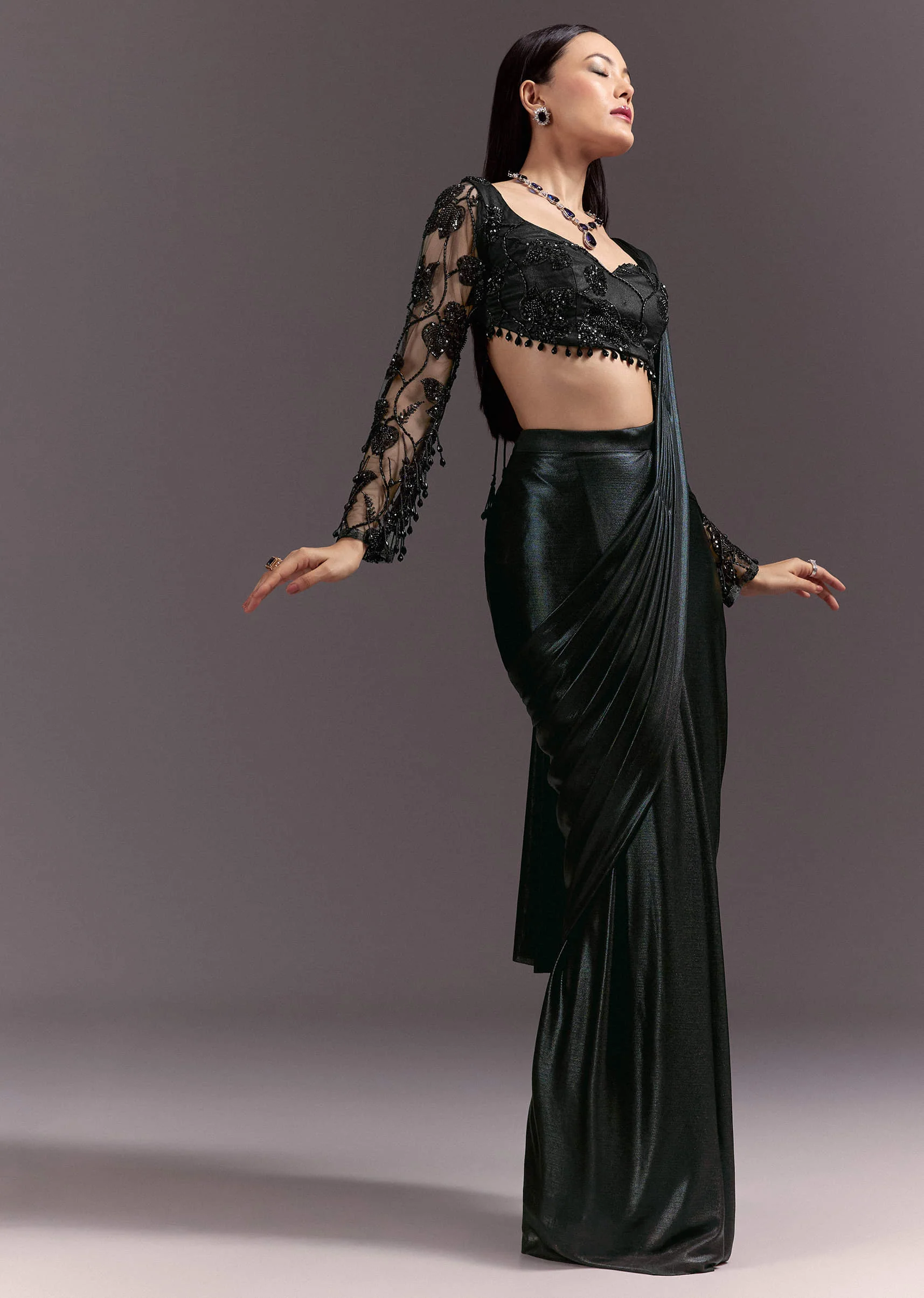 Ready Pleated Saree With V Neck Blouse And Cutdana Work