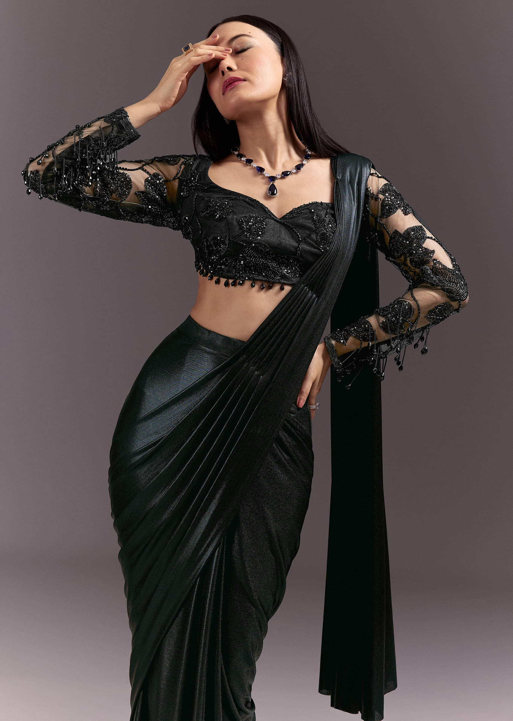 Ready Pleated Saree With V Neck Blouse And Cutdana Work - Image 2