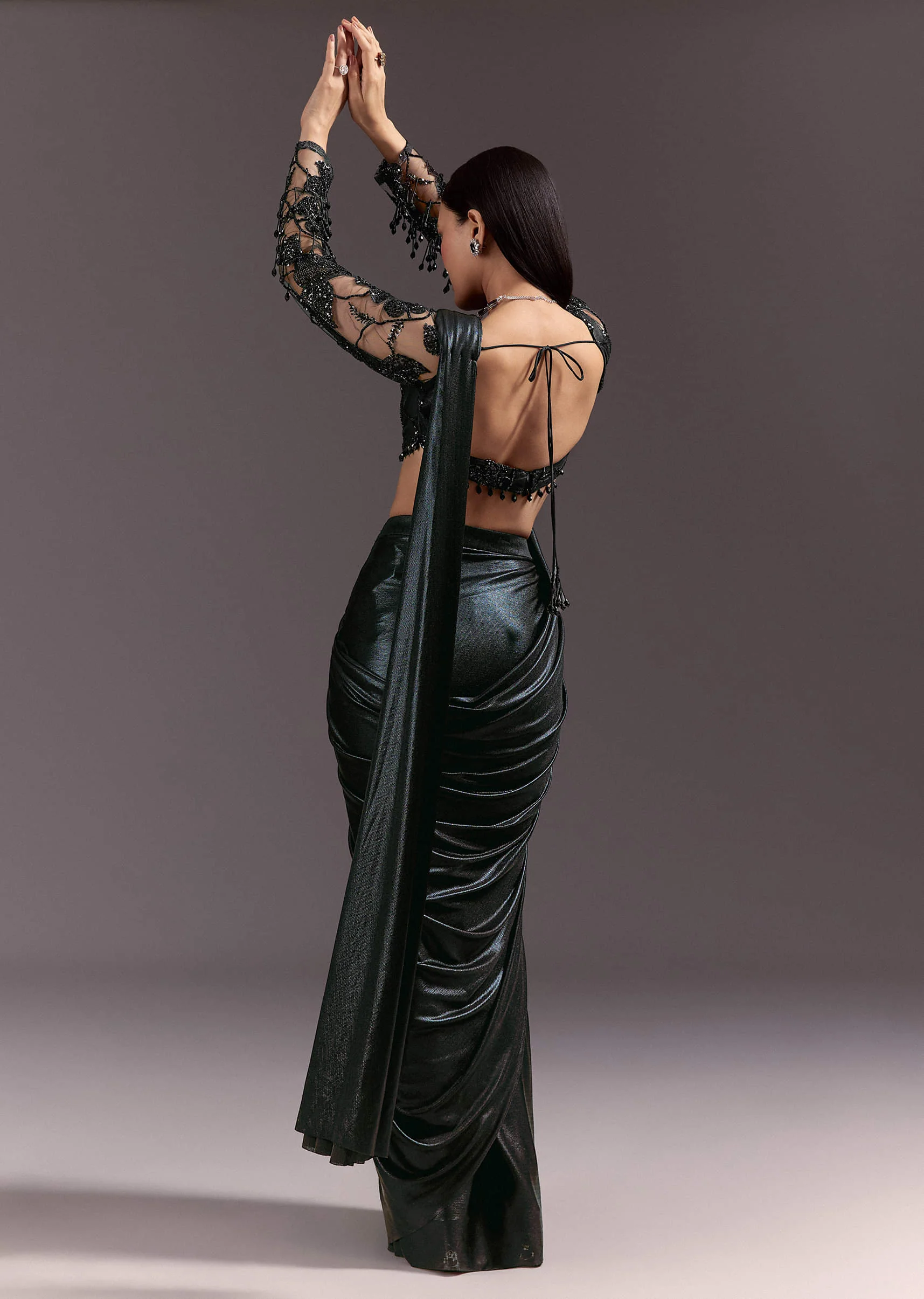 Ready Pleated Saree With V Neck Blouse And Cutdana Work - Image 5