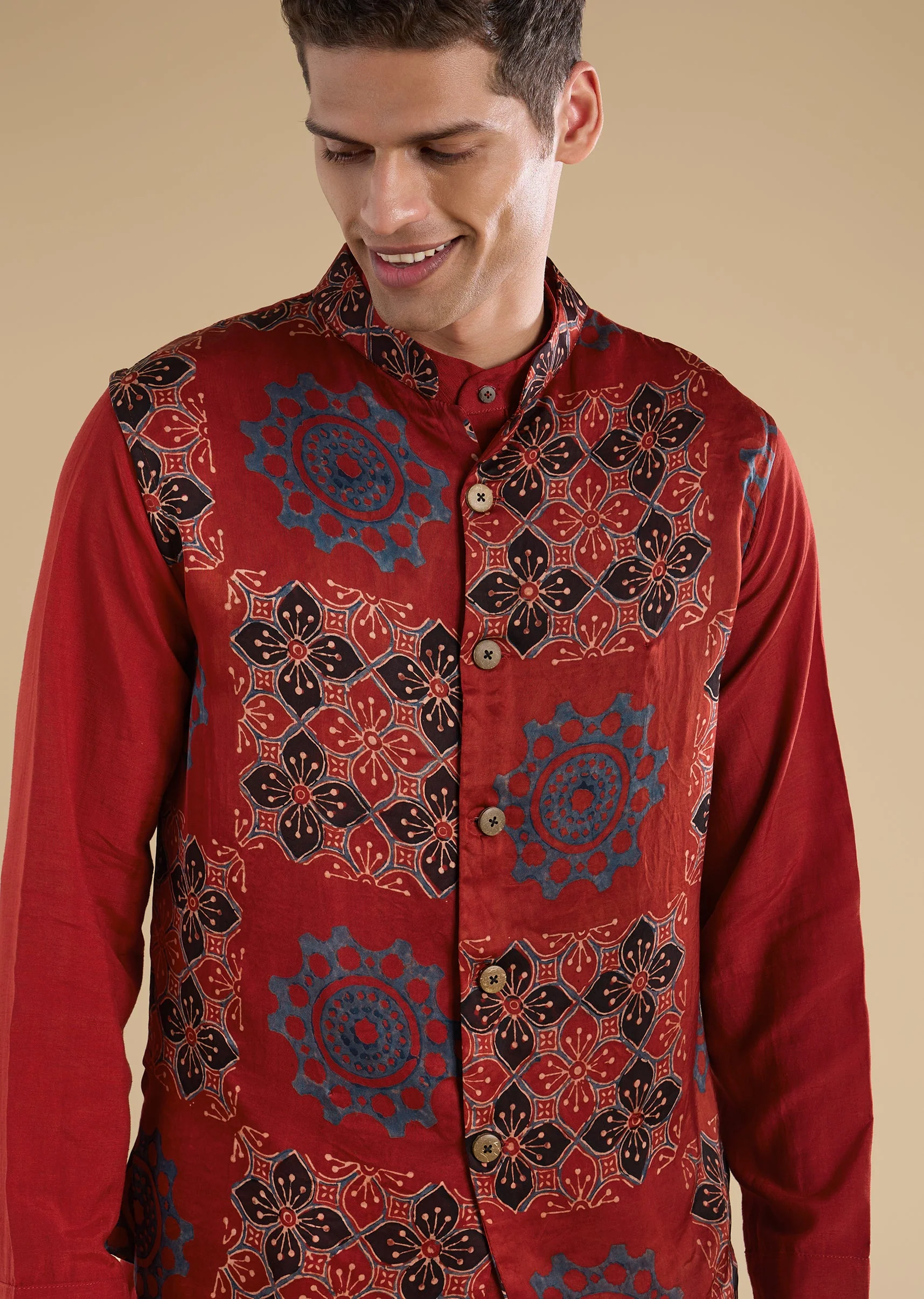 Red Ajrakh Printed Kurta Jacket Set - Image 2