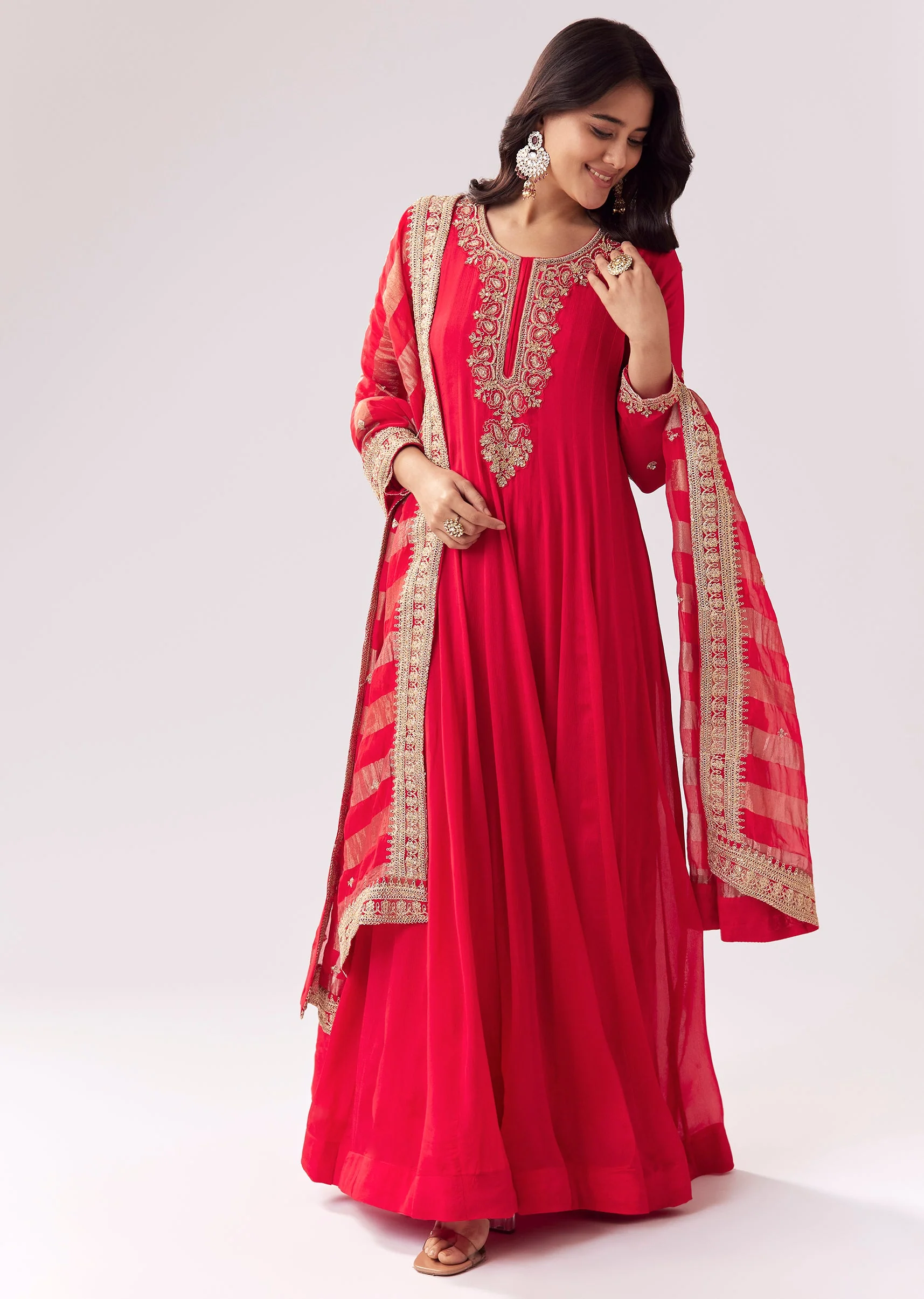 Red Anarkali With Zardozi And Sequins - Image 3