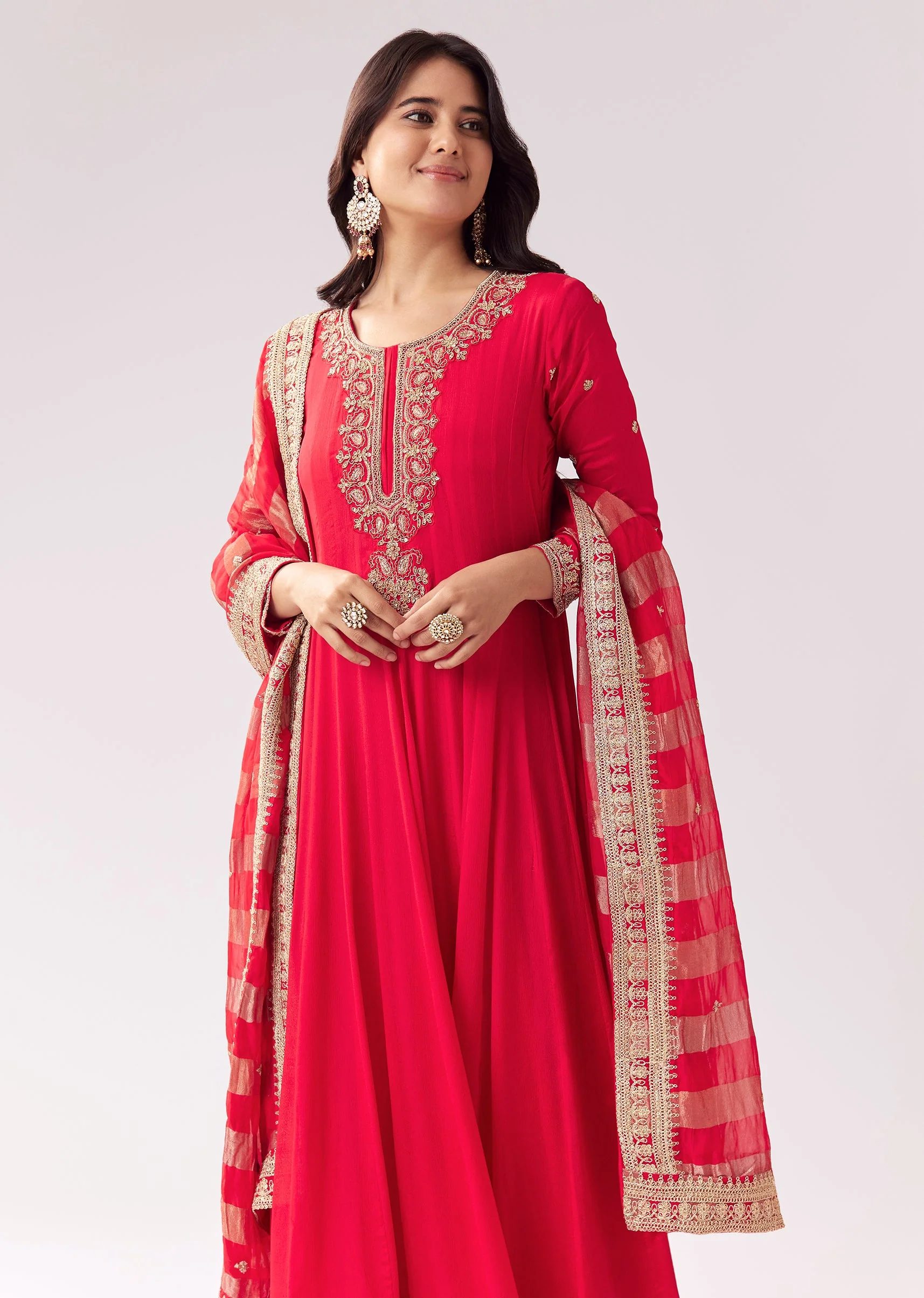 Red Anarkali With Zardozi And Sequins - Image 4