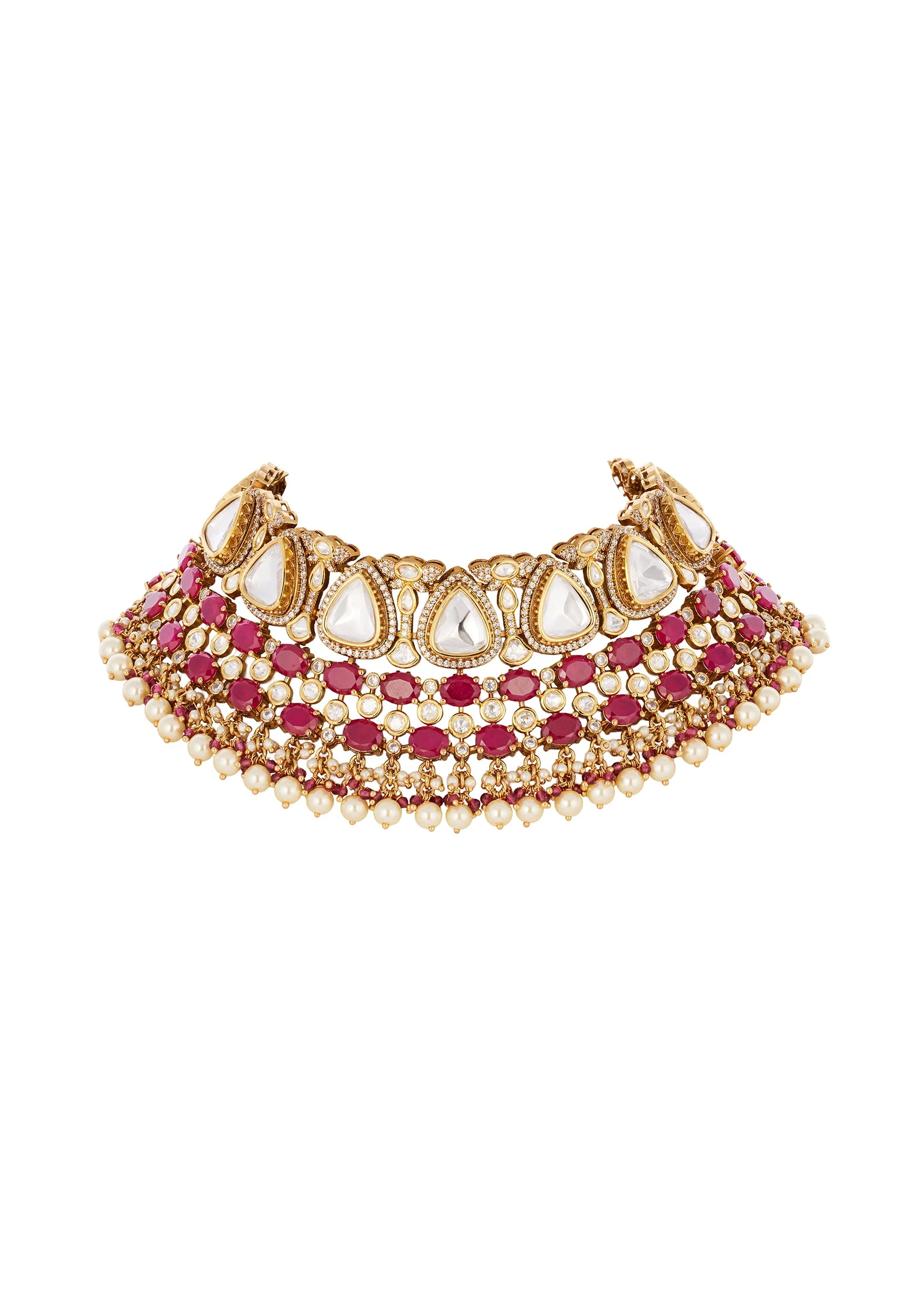 Red and Gold Finish Jewellery Set In Polki With Semi Precious Stones And Drops - Image 3