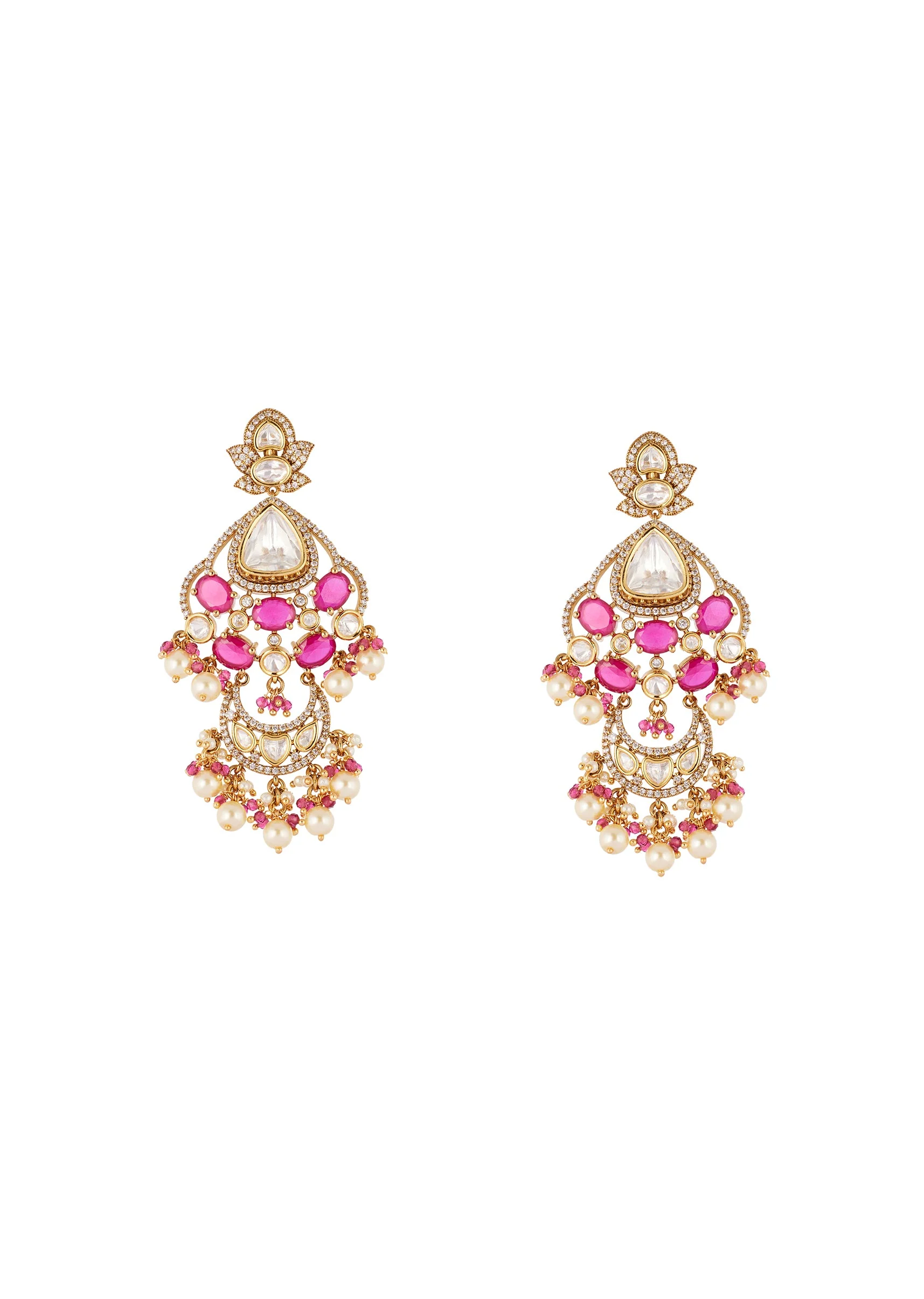 Red and Gold Finish Jewellery Set In Polki With Semi Precious Stones And Drops - Image 4