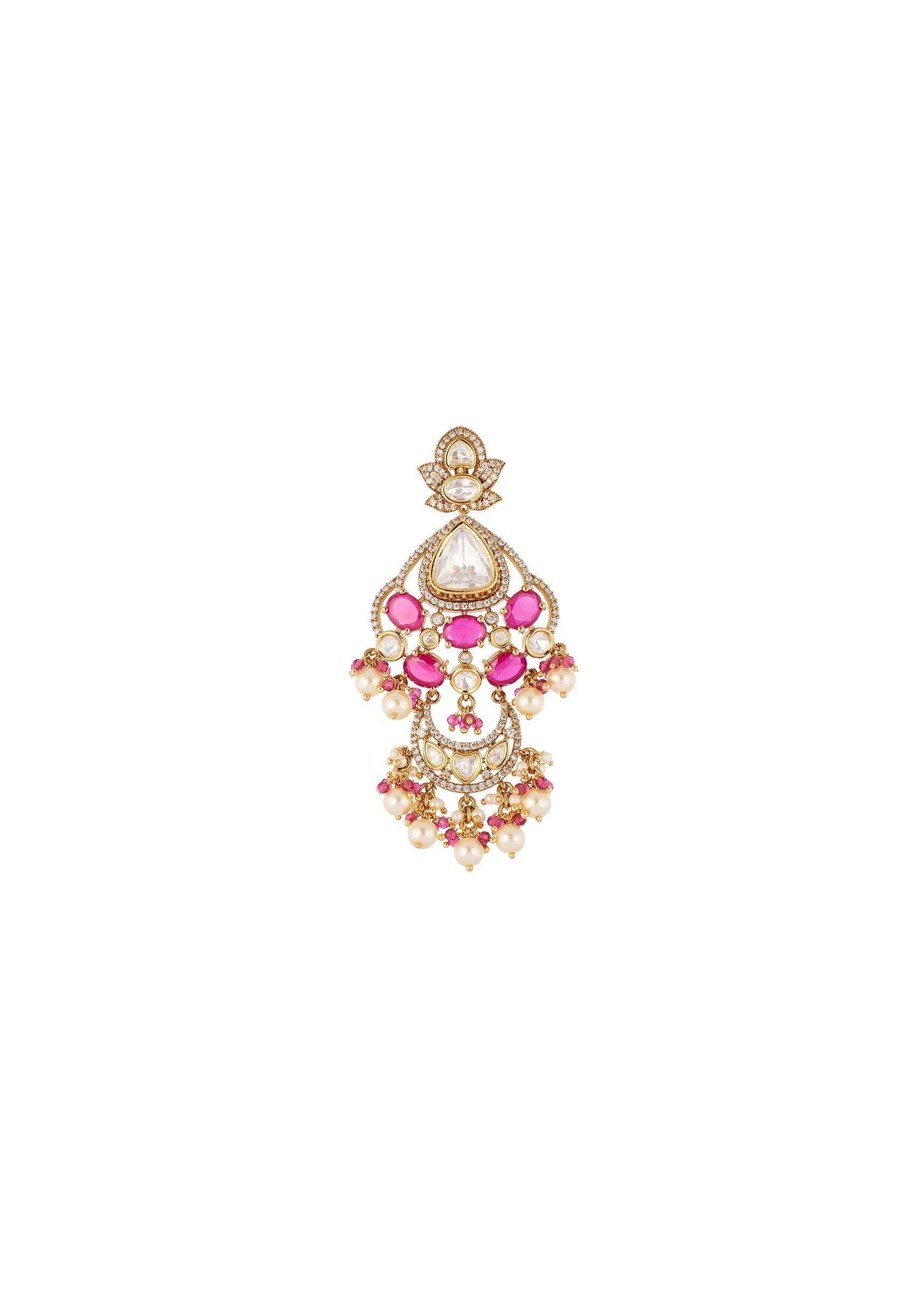 Red and Gold Finish Jewellery Set In Polki With Semi Precious Stones And Drops - Image 5