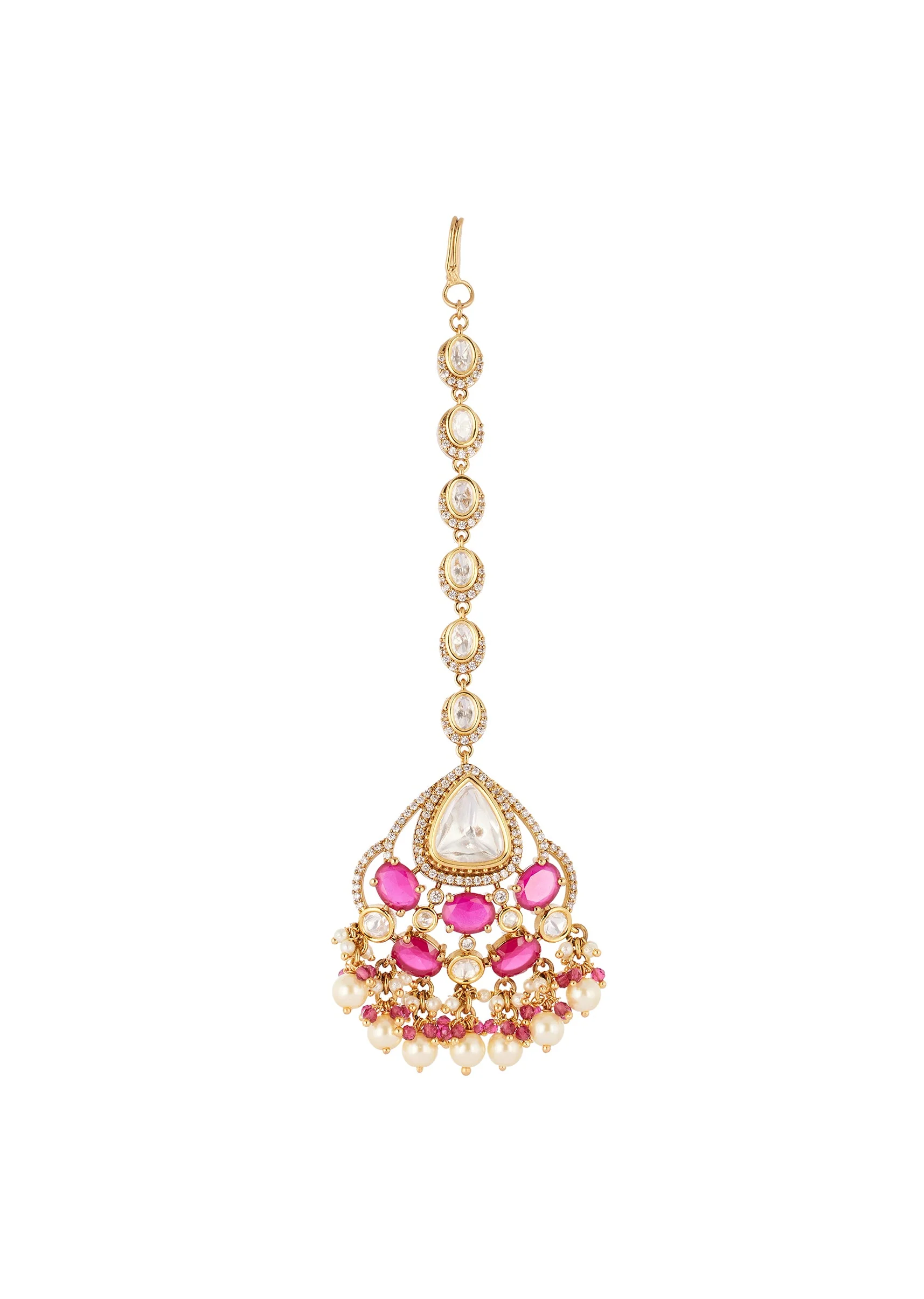 Red and Gold Finish Jewellery Set In Polki With Semi Precious Stones And Drops - Image 6