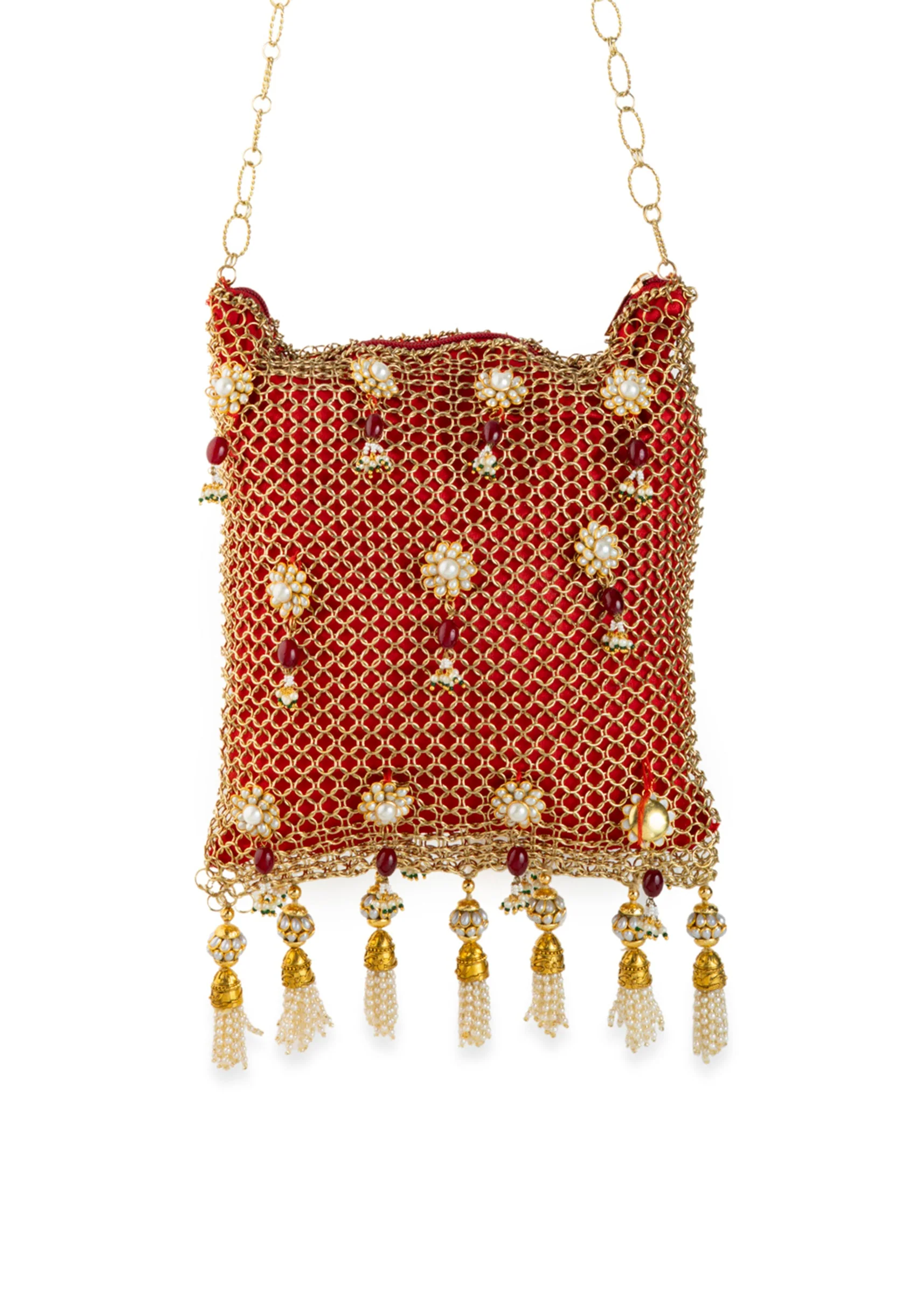 Red and Gold Jaal Textured Pearl Embellished Bag - Image 4