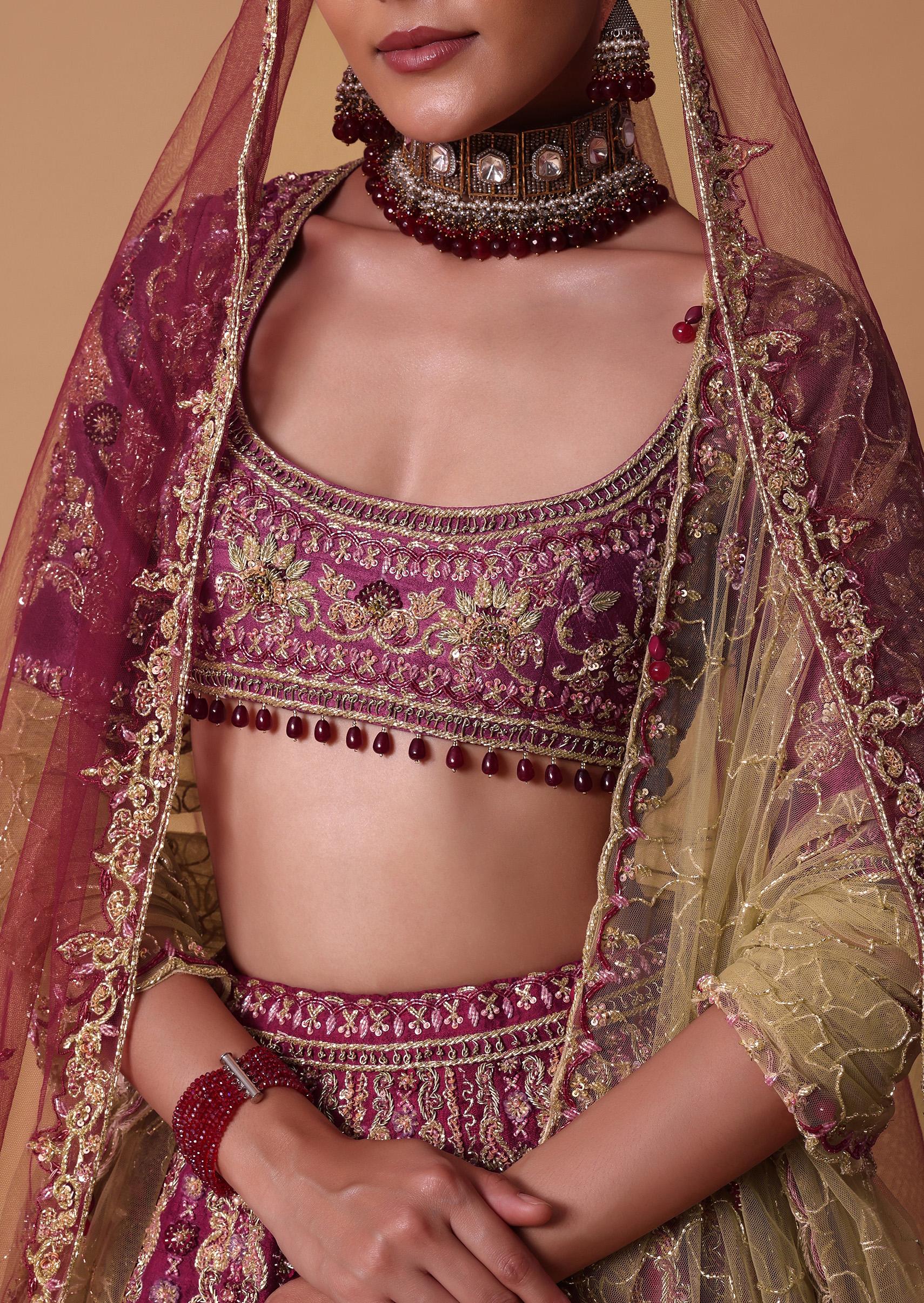 Red Raw Silk Lehenga Set With Cutout Back Velvet Blouse - Image 2