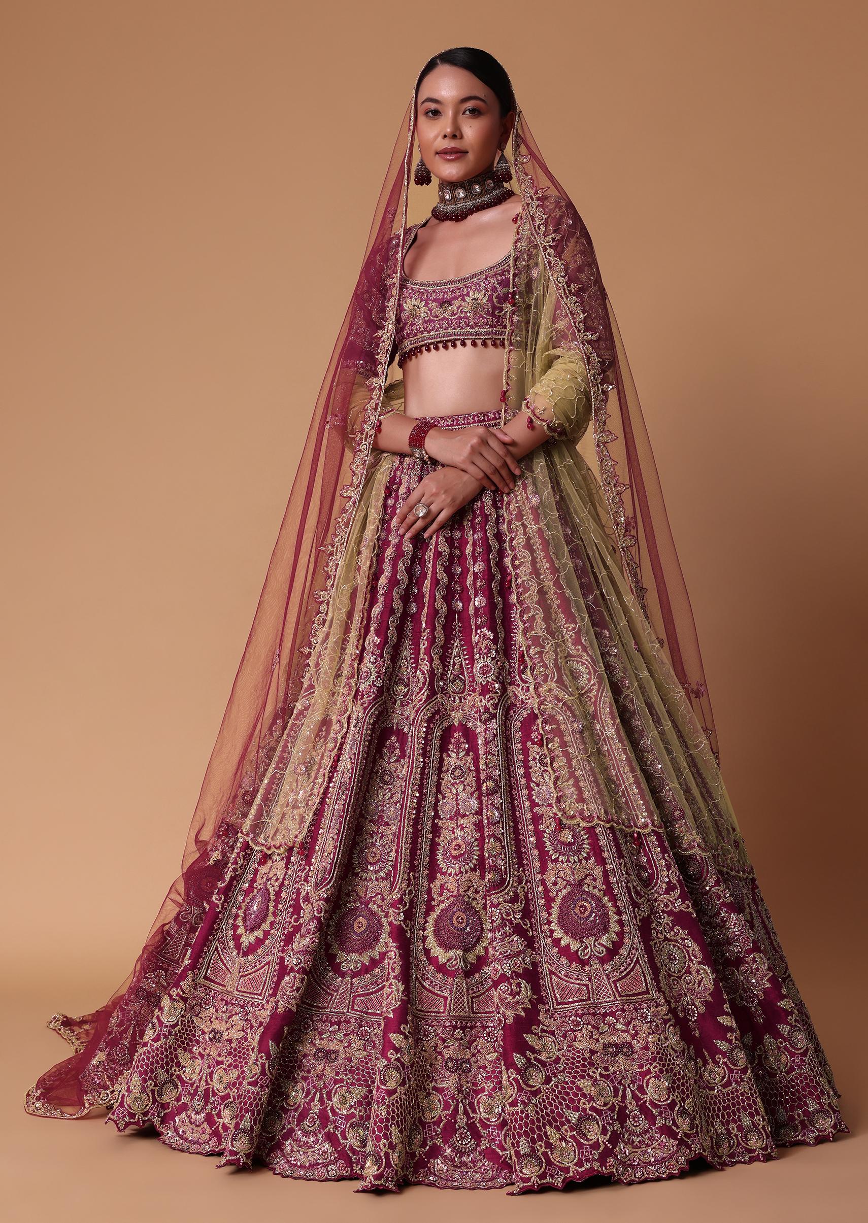 Red Raw Silk Lehenga Set With Cutout Back Velvet Blouse - Image 3