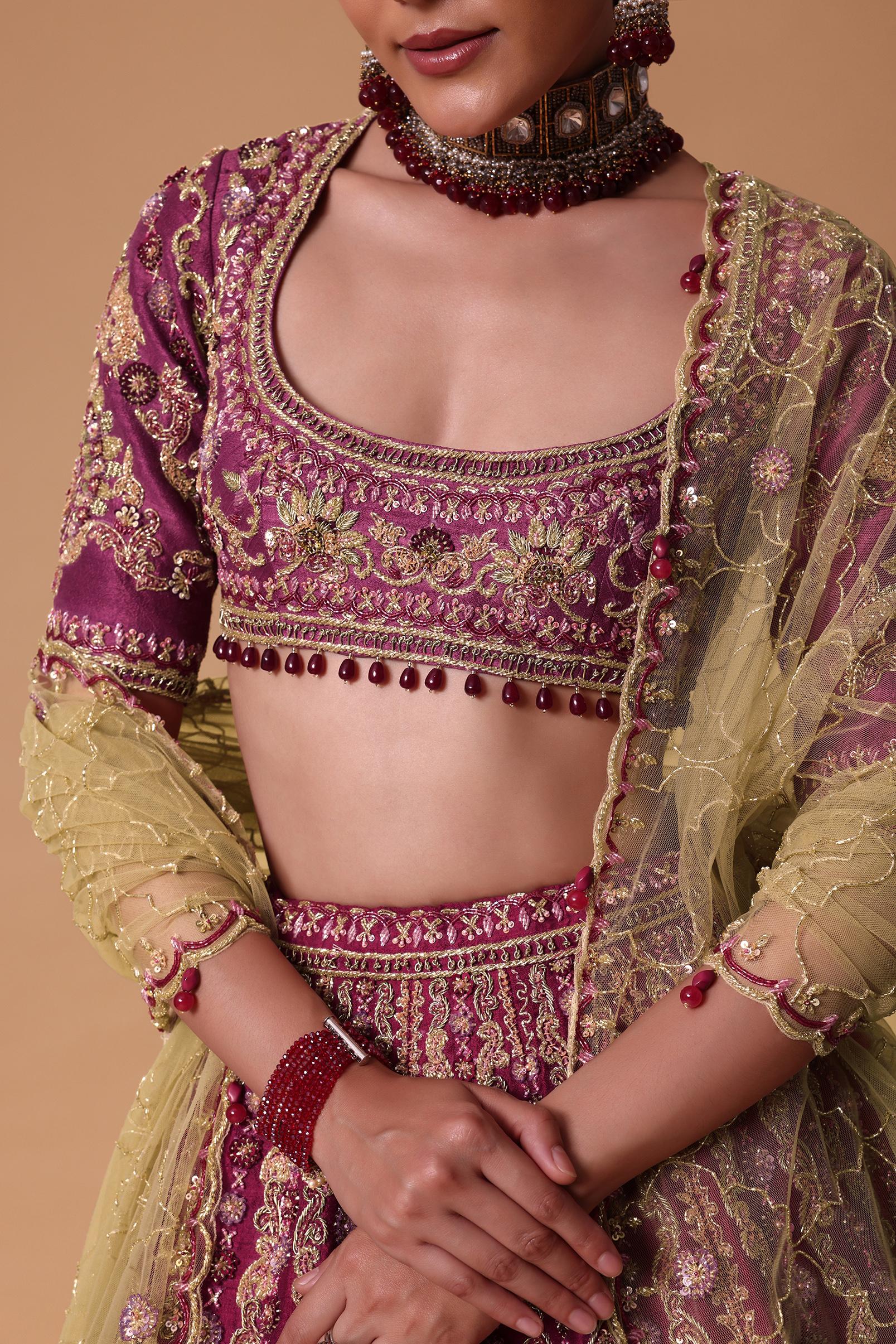 Red Raw Silk Lehenga Set With Cutout Back Velvet Blouse - Image 4