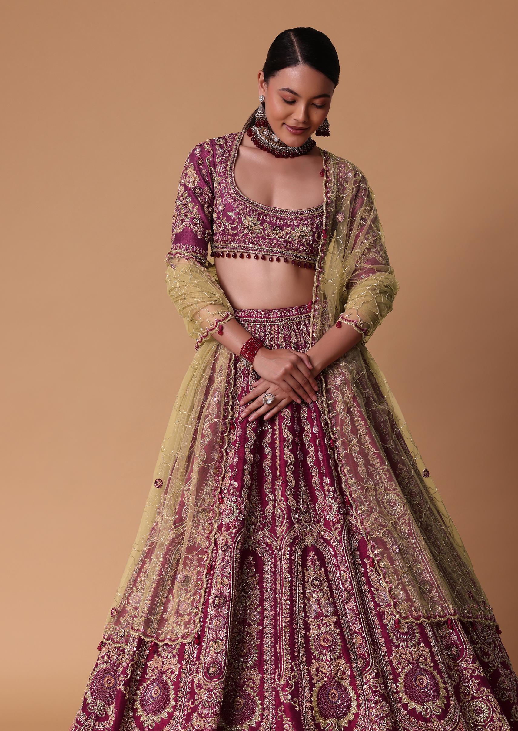 Red Raw Silk Lehenga Set With Cutout Back Velvet Blouse - Image 5