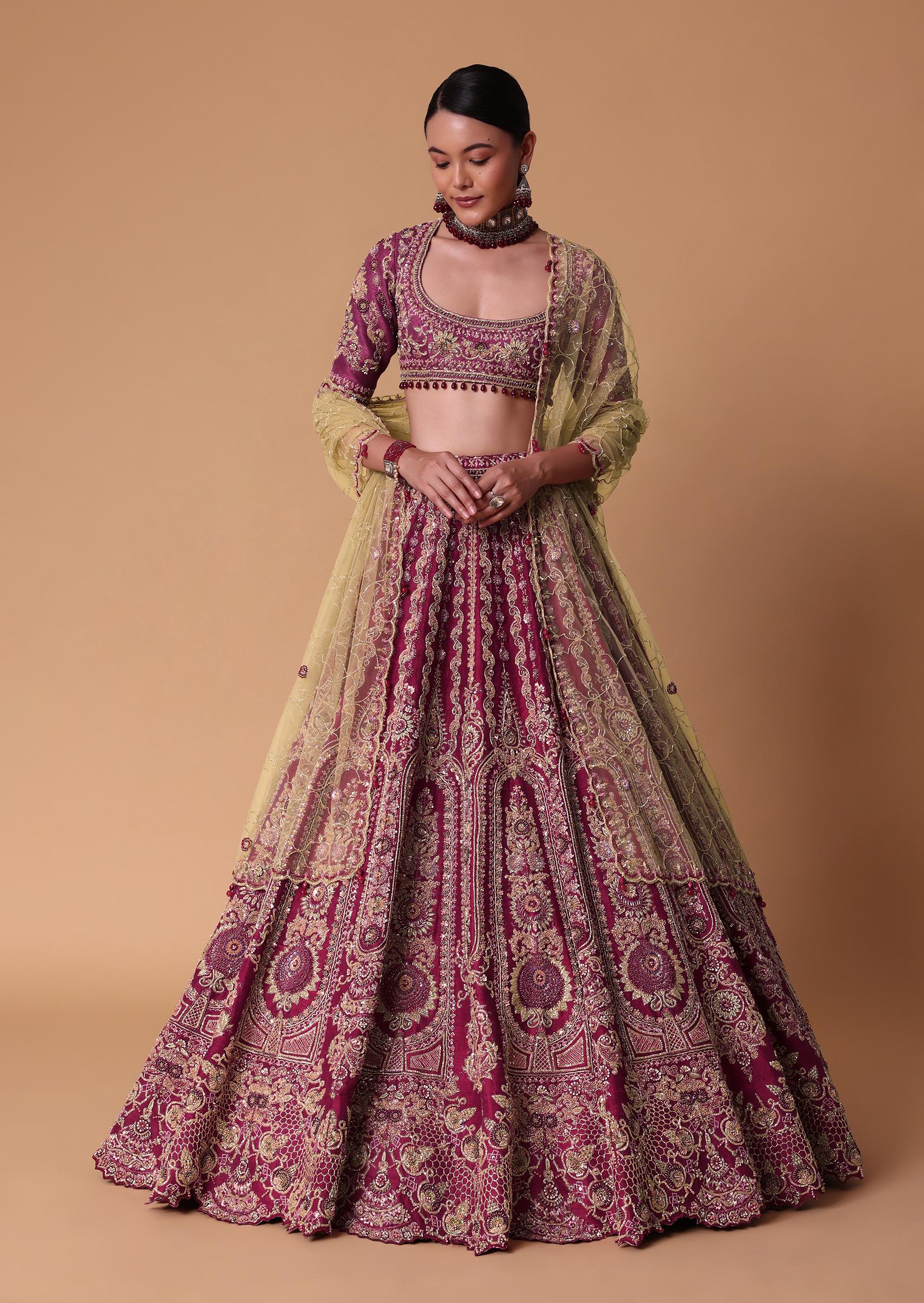 Red Raw Silk Lehenga Set With Cutout Back Velvet Blouse - Image 6