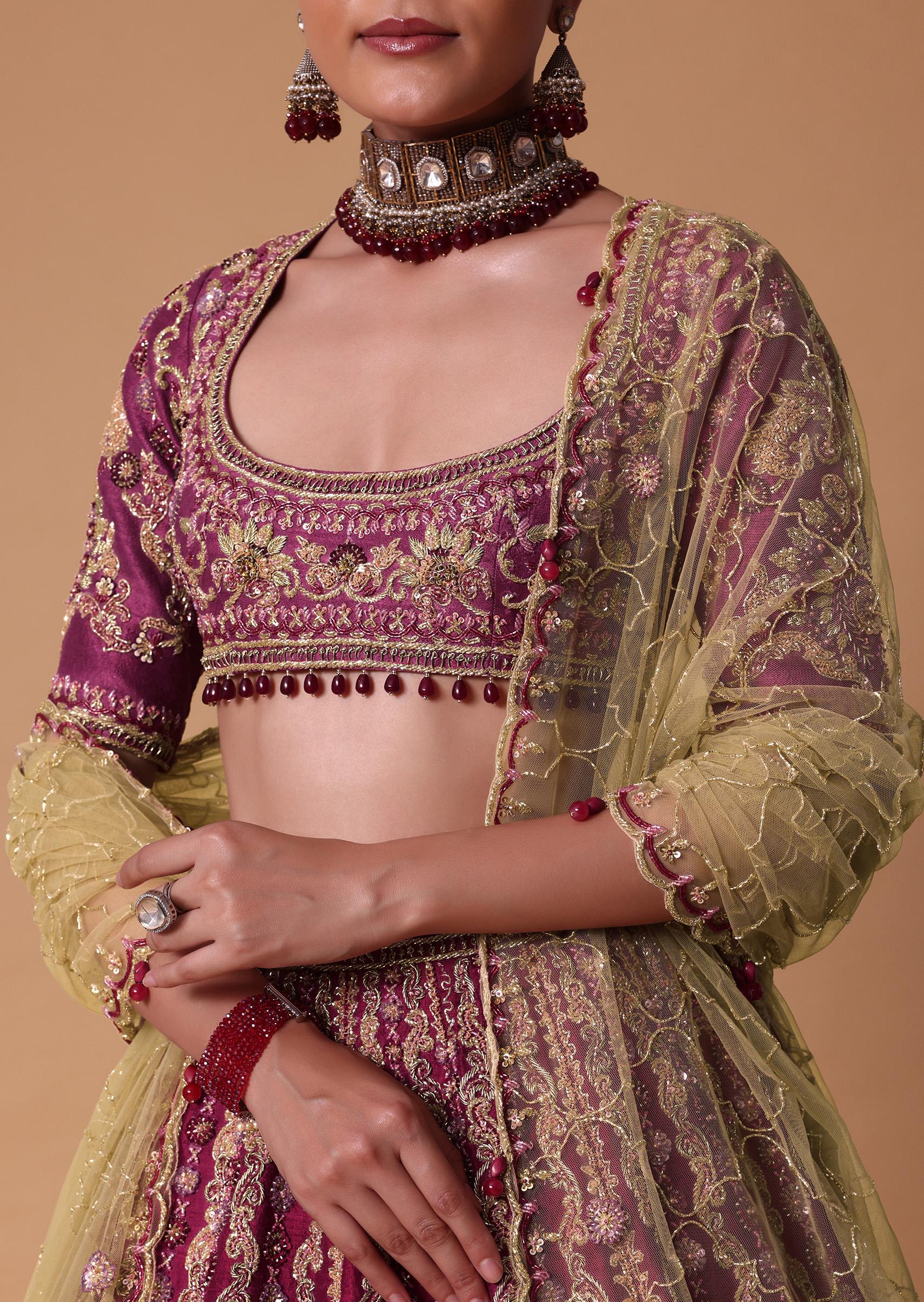 Red Raw Silk Lehenga Set With Cutout Back Velvet Blouse - Image 7