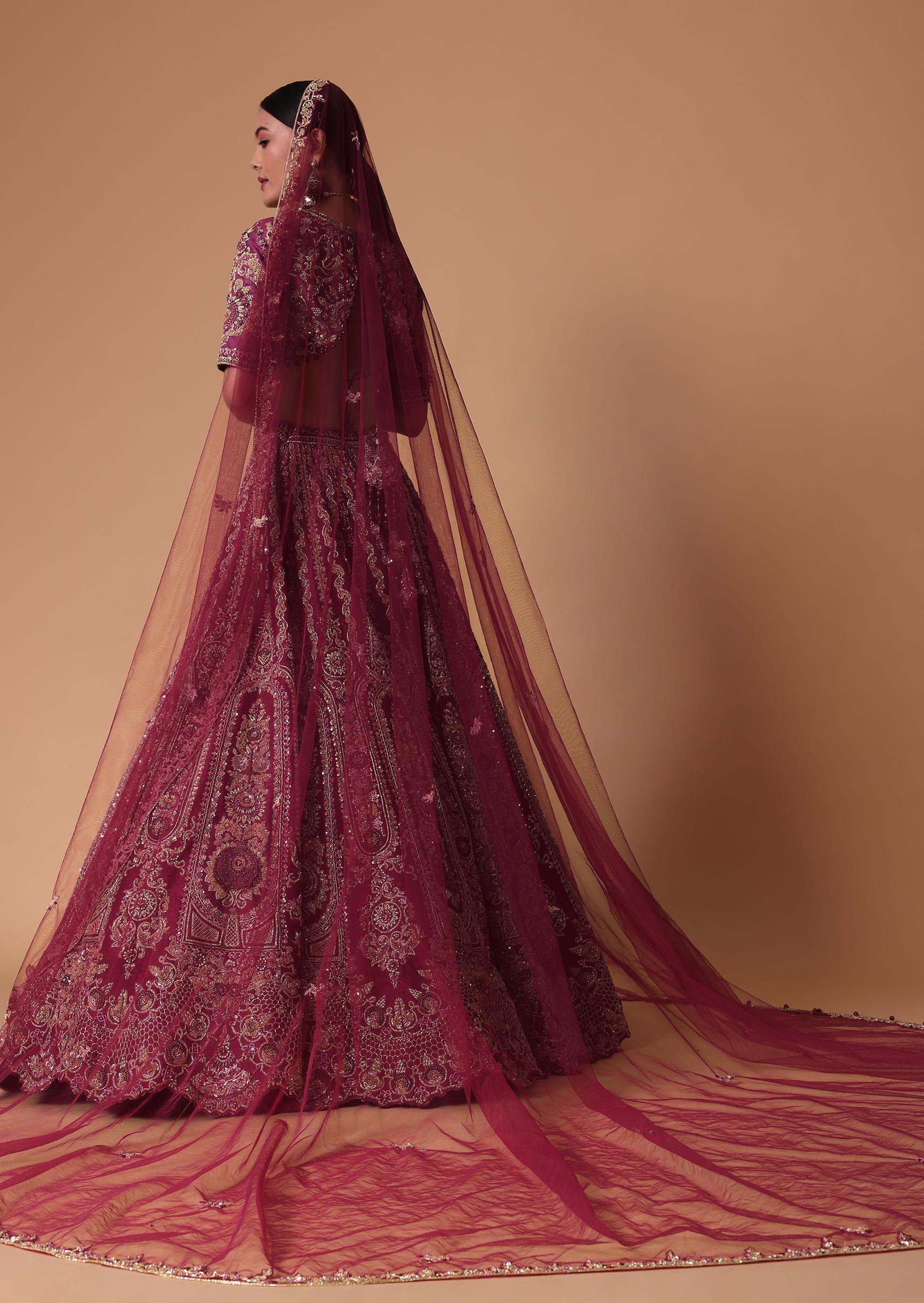 Red Raw Silk Lehenga Set With Cutout Back Velvet Blouse - Image 9