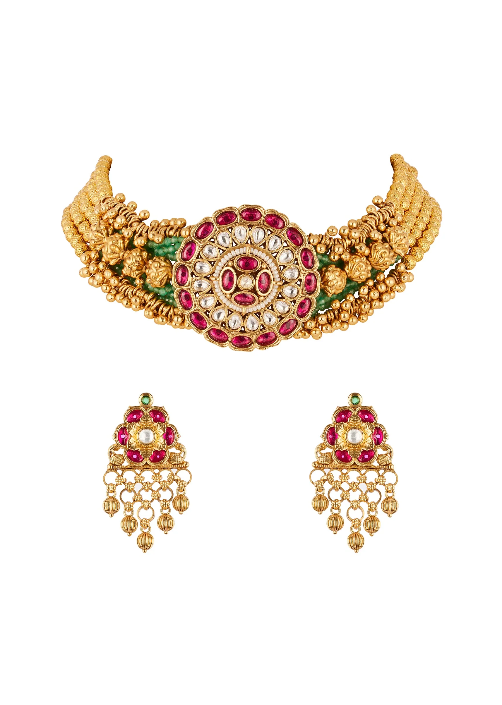 Red and Gold Traditional Kundan Polki Rajwadi Necklace Set