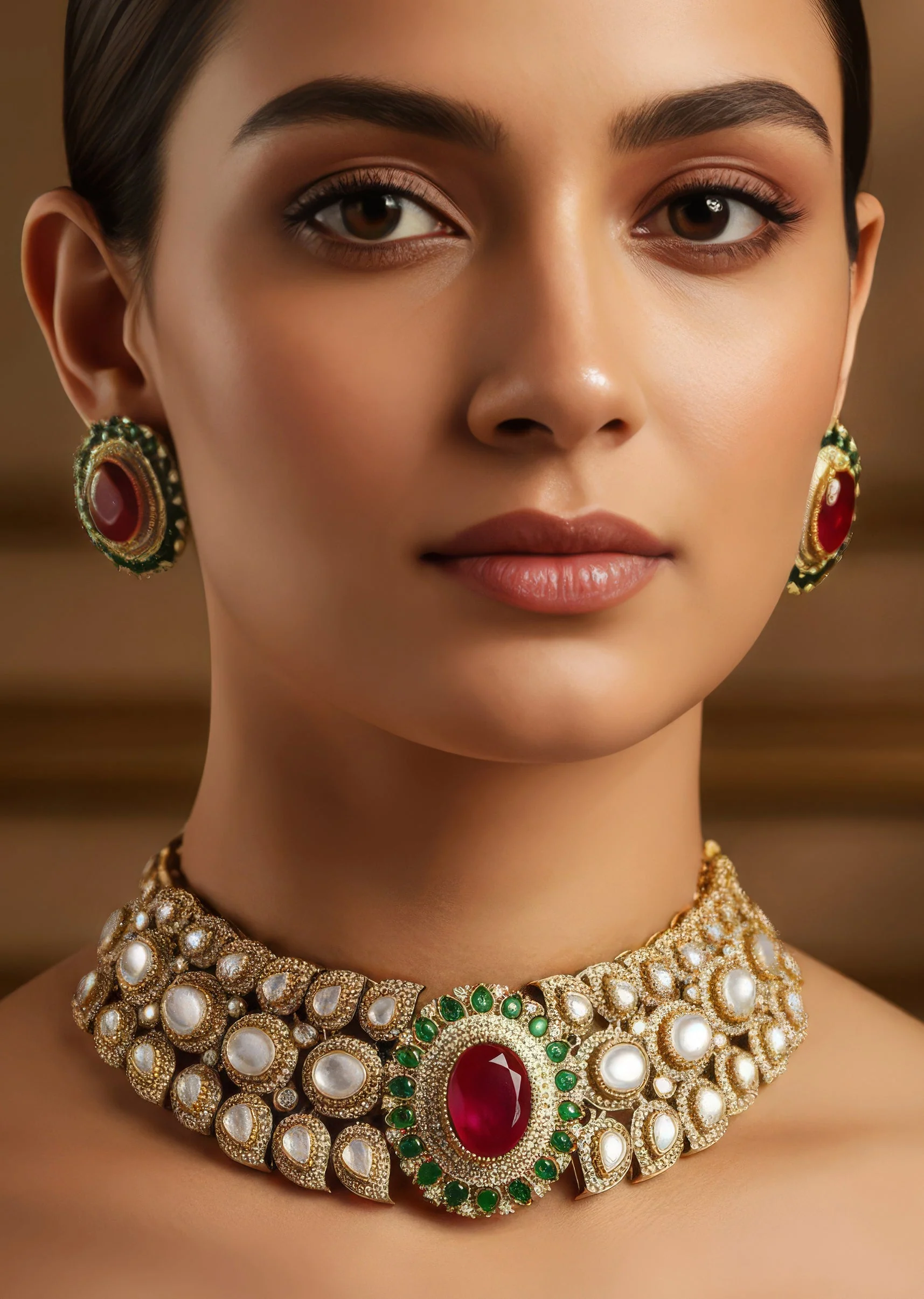 Red and Green Rhodium Plated Cz Diamond Necklace Set with Semi Precious Stones