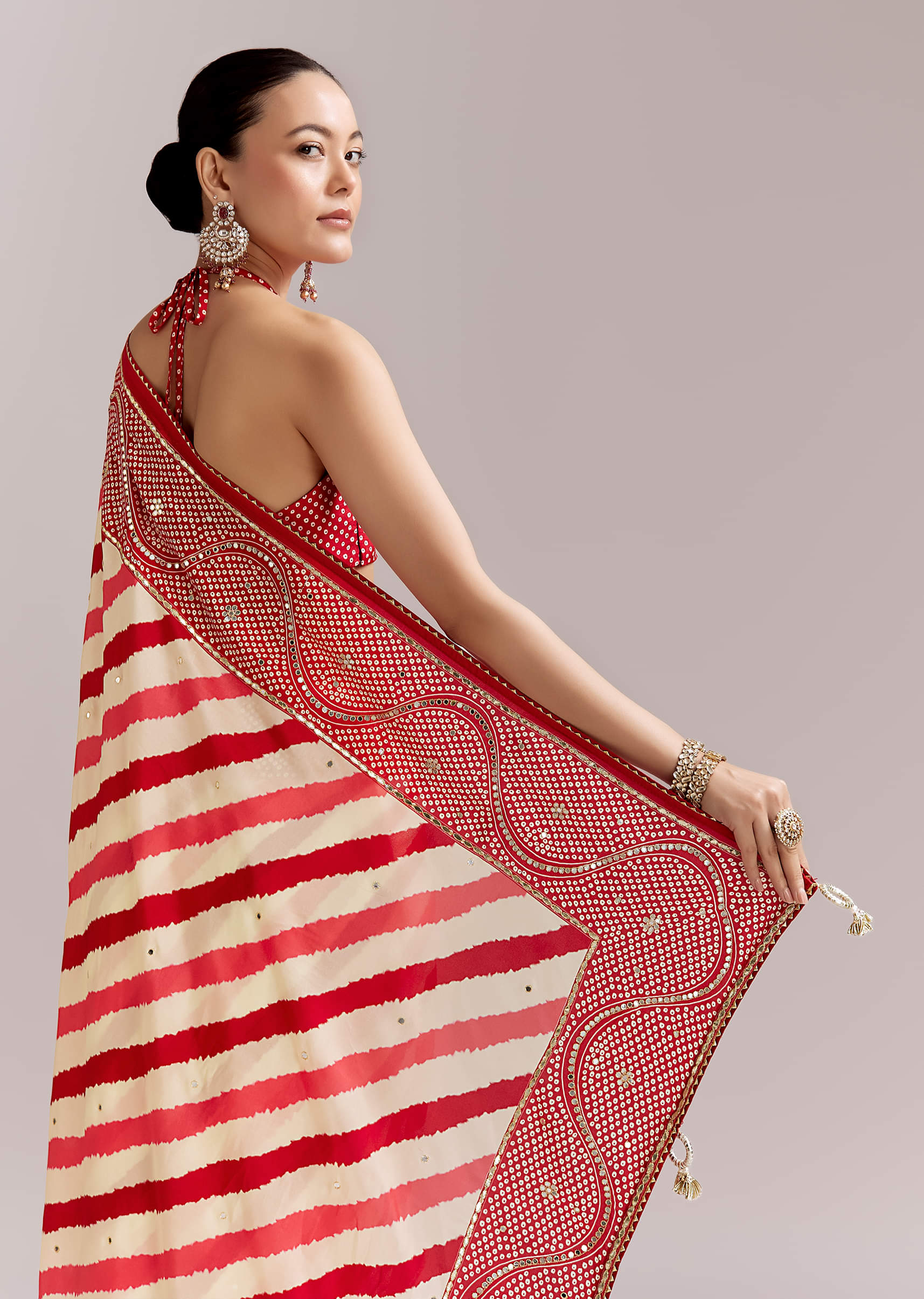 Red And Off White Silk Saree With Lehariya And Bandhani Print - Image 6