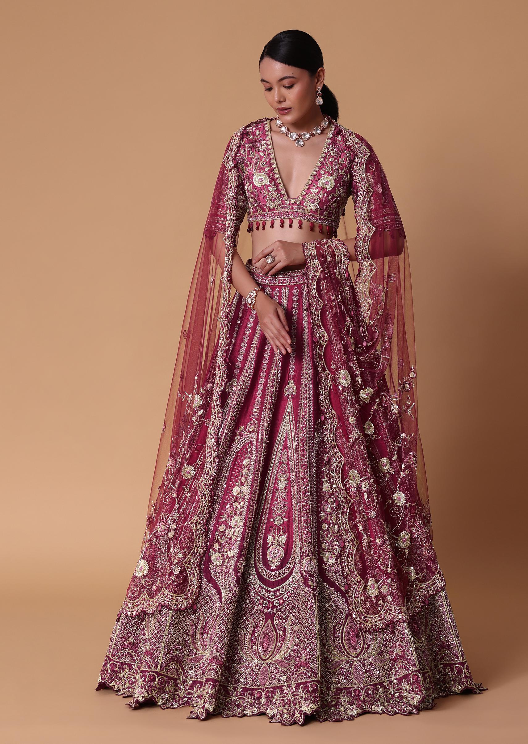Red Raw Silk Cutdana Lehenga Set With Trail Dupatta - Image 4