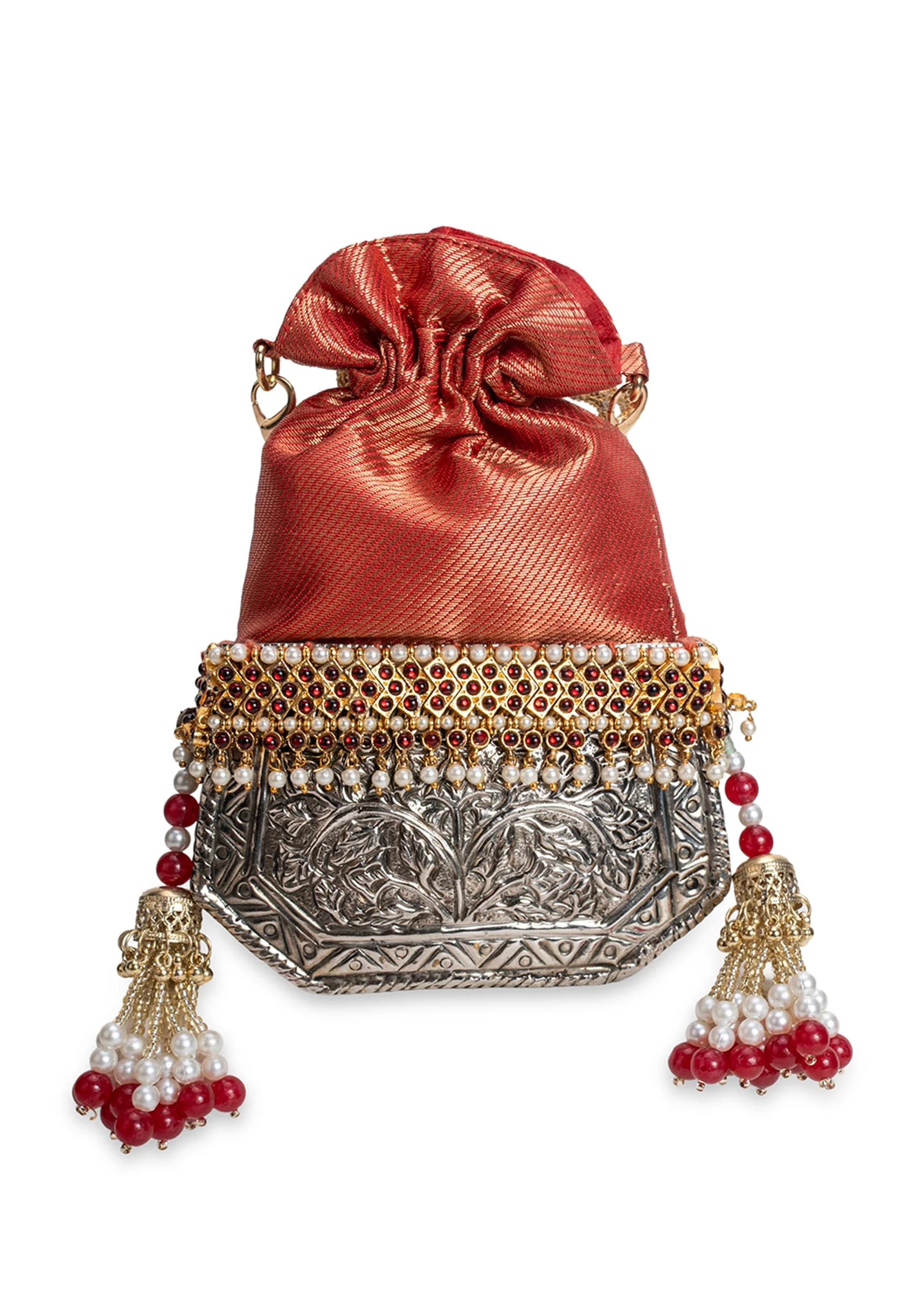 Red And Silver Brocade Potli Bag - Image 2