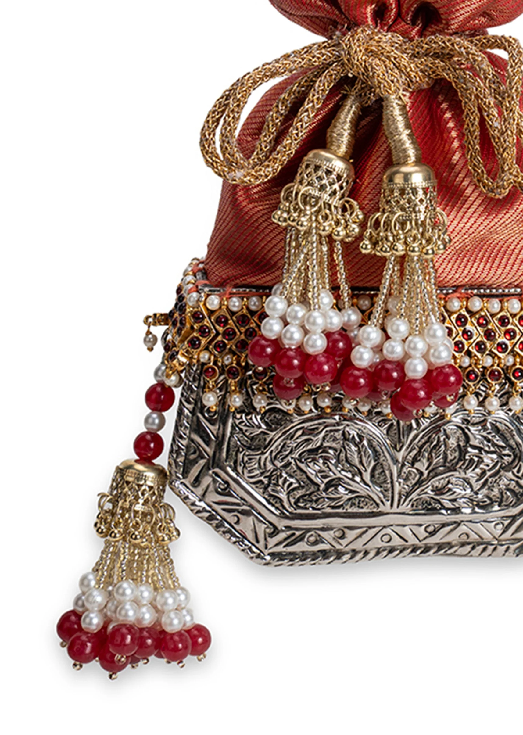 Red And Silver Brocade Potli Bag - Image 5