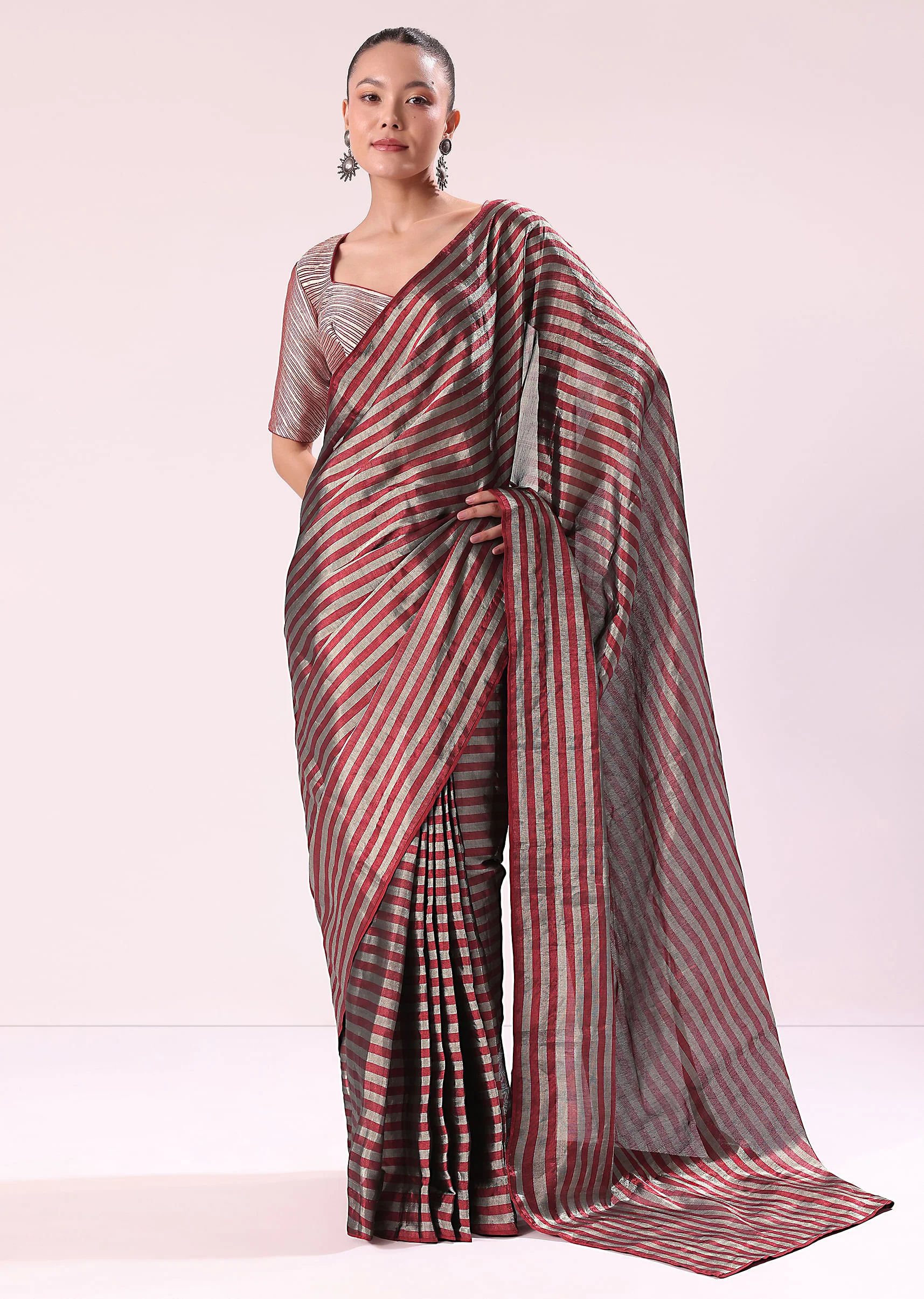 Red And Silver Striped Chanderi Tissue Saree With Pipe Finish Stitched Blouse - Image 3