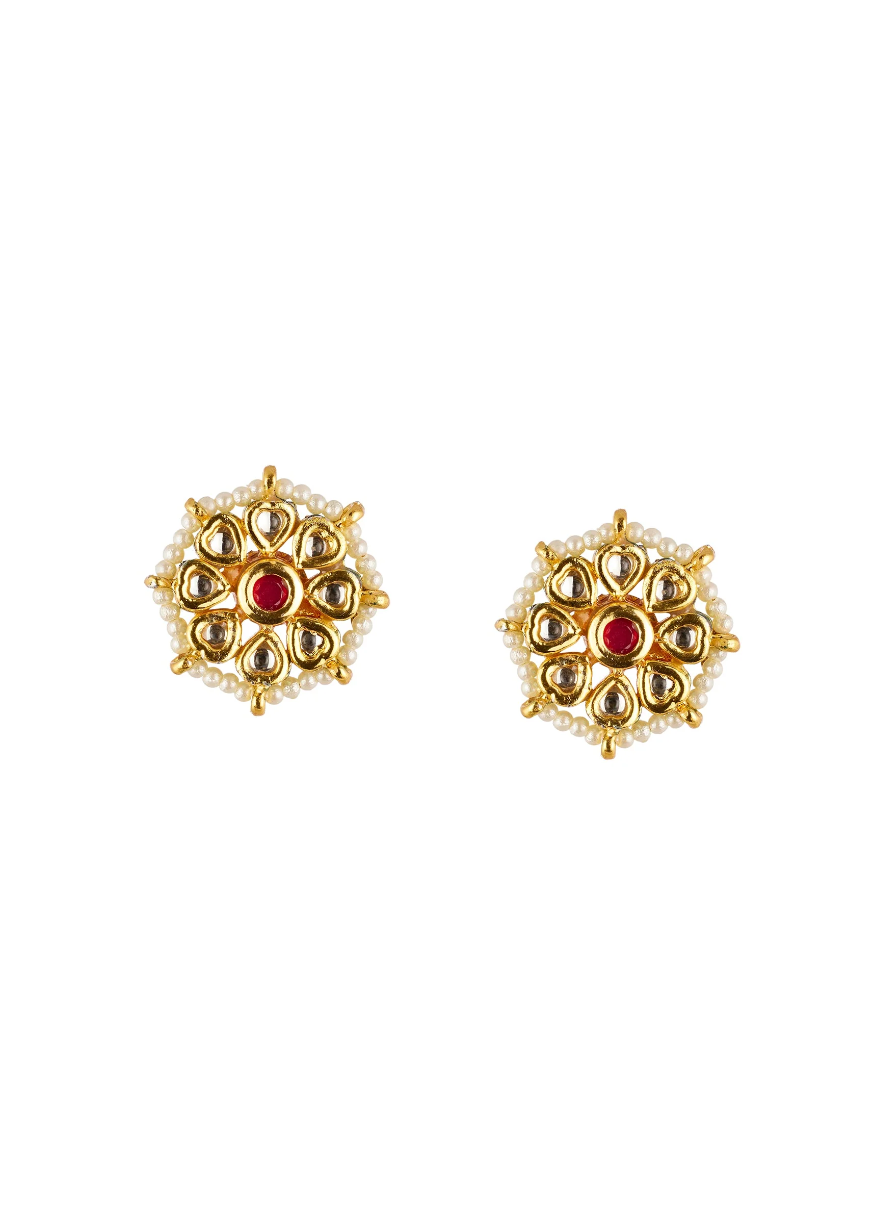 Red and White Traditional Necklace Set in Kundan and Polki - Image 3