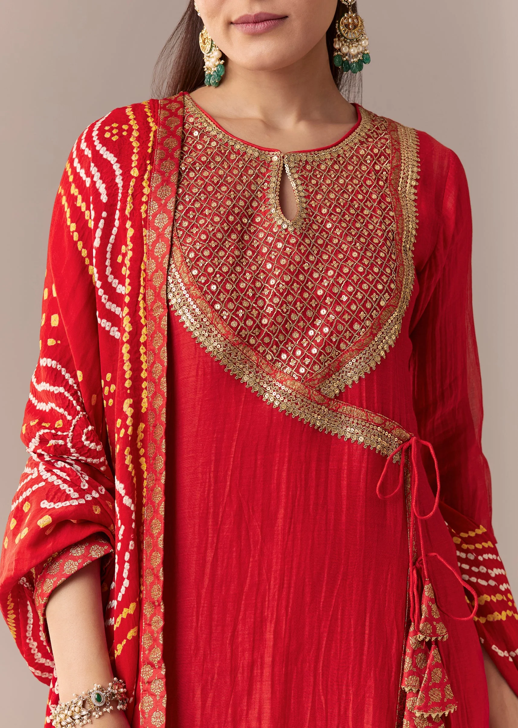Red Angrakha Kurta Set With Bandhani Dupatta - Image 2