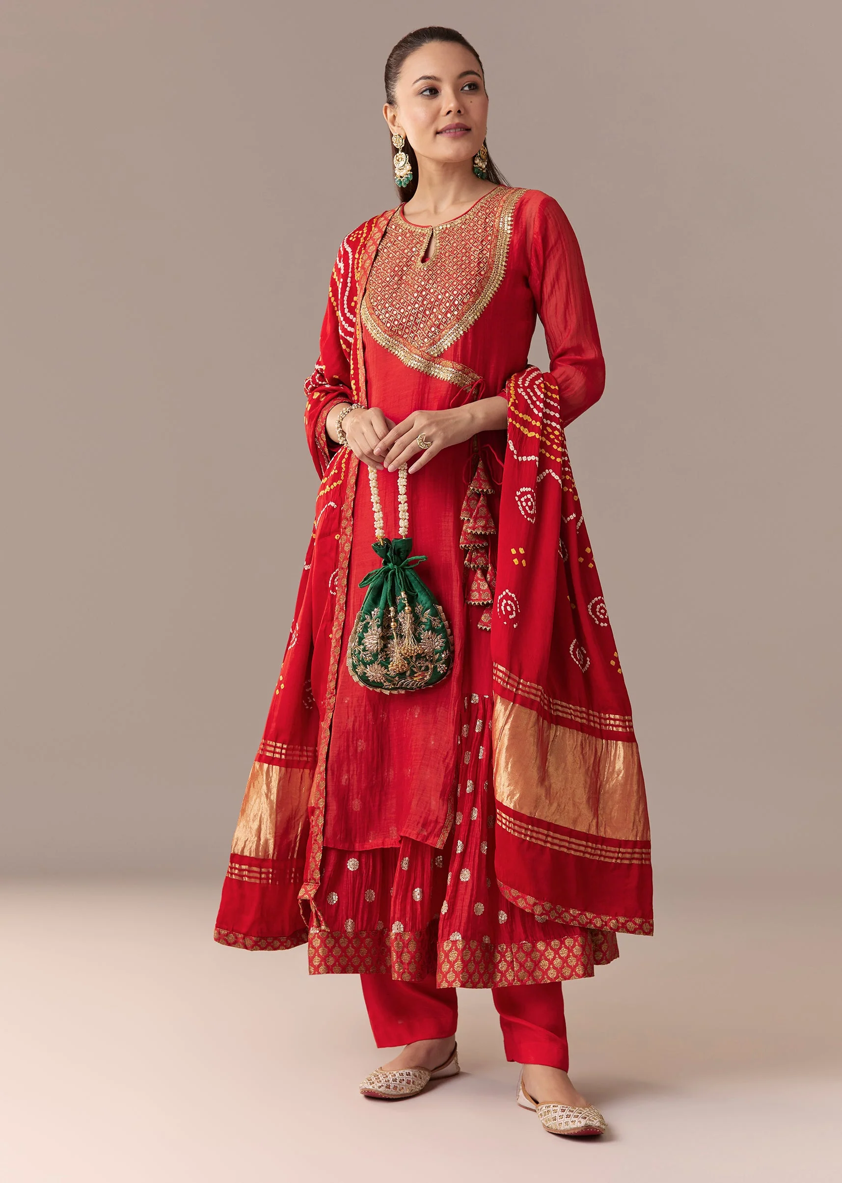 Red Angrakha Kurta Set With Bandhani Dupatta - Image 3