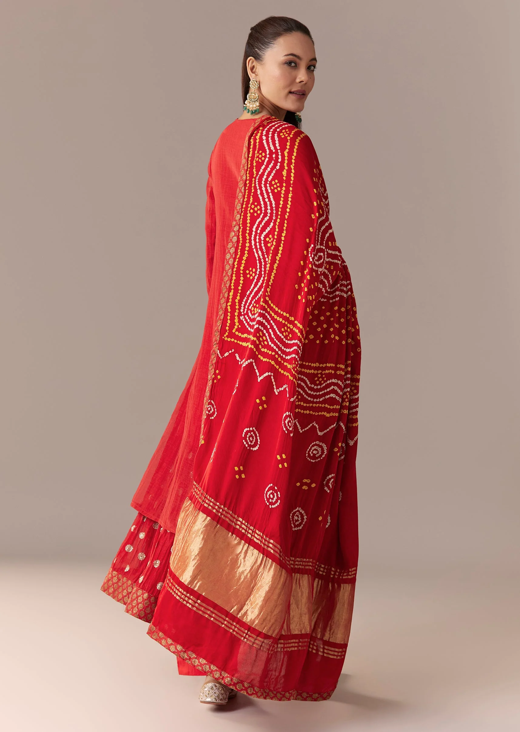 Red Angrakha Kurta Set With Bandhani Dupatta - Image 5