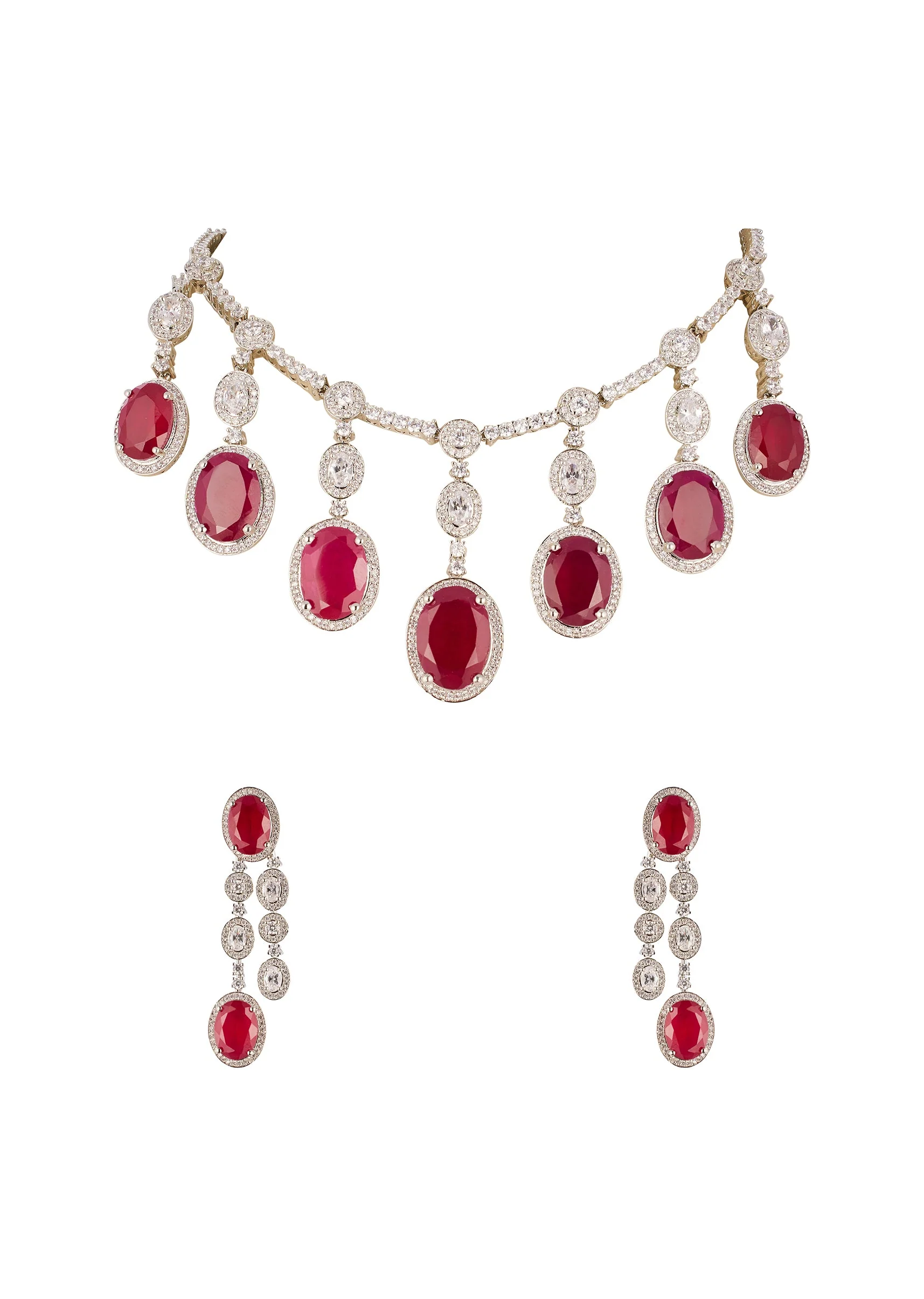 Red Anti Tarnish Finish CZ Diamond and Gemstone Necklace Set in Rhodium Plated Brass - Image 2
