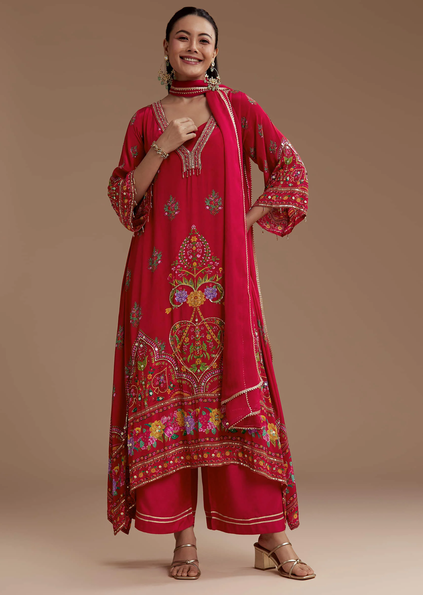 Red Asymmetric Floral Print Kurta Set - Image 3