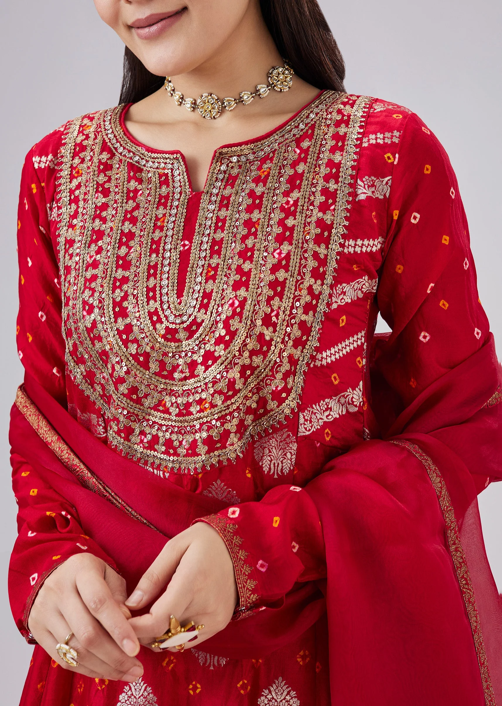 Red Banarasi Bandhani Silk Anarkali Set With Dupatta - Image 2
