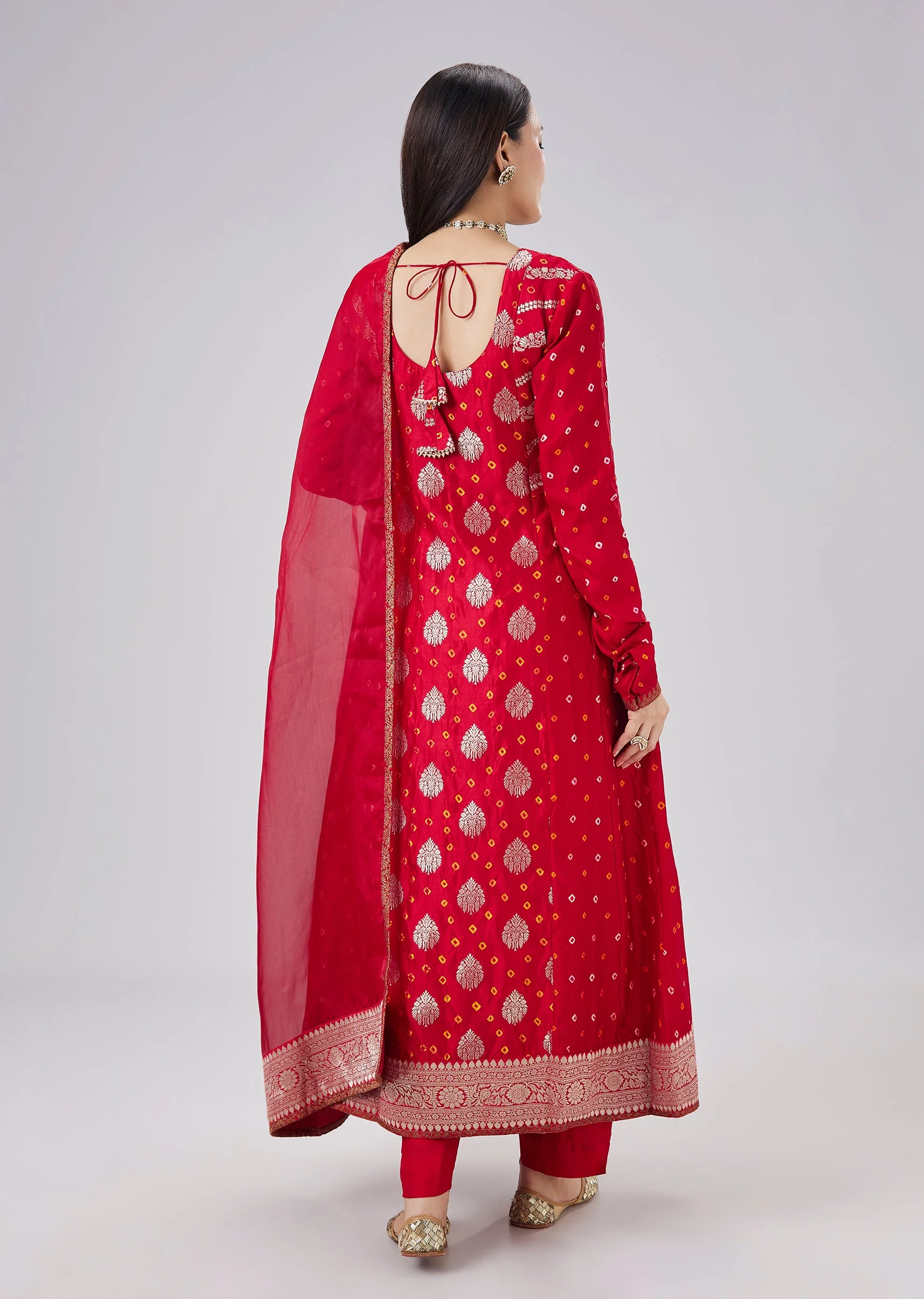 Red Banarasi Bandhani Silk Anarkali Set With Dupatta - Image 5
