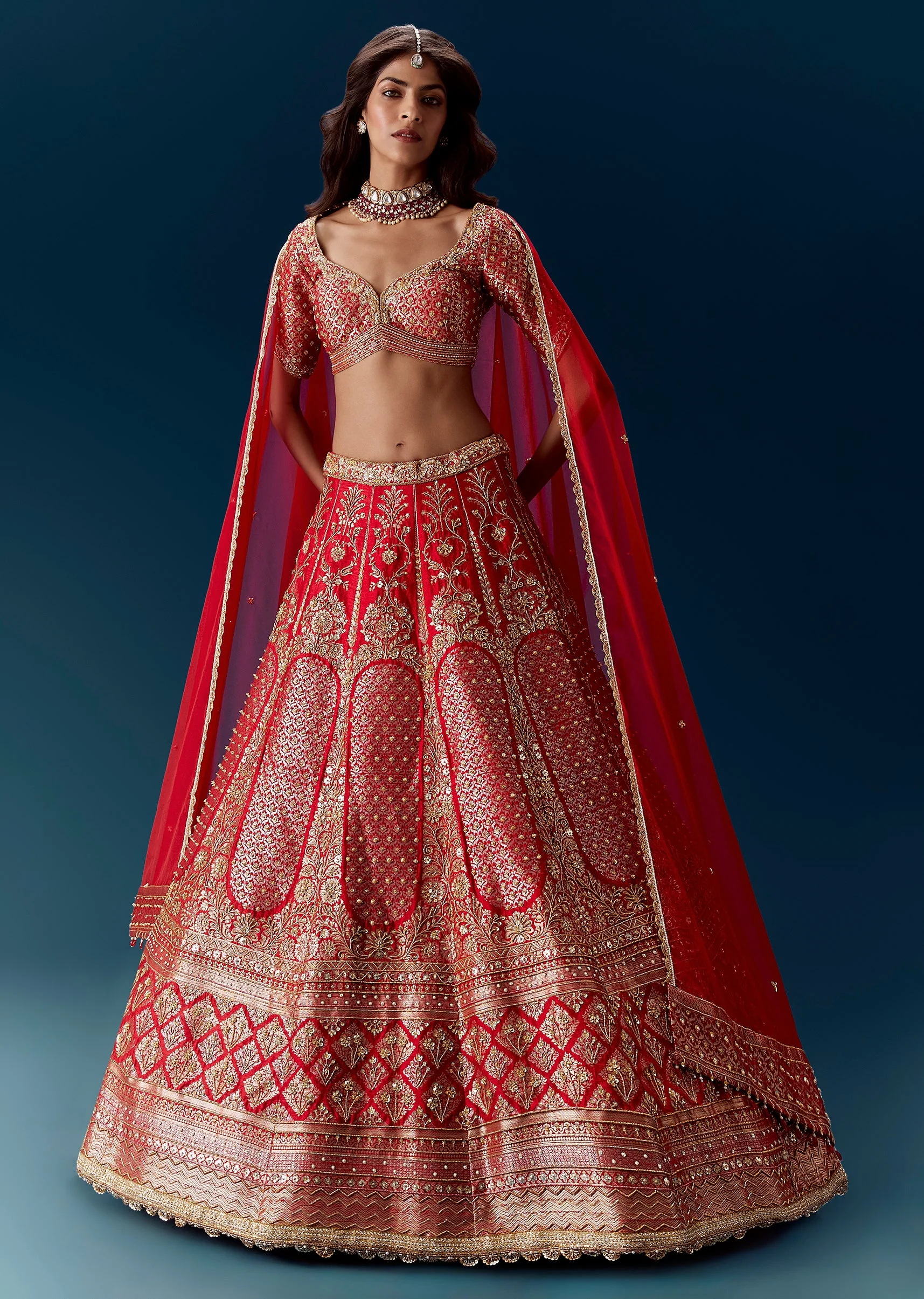 Red Banarasi Embroidered Bridal Lehenga And  Dupattas - Image 4