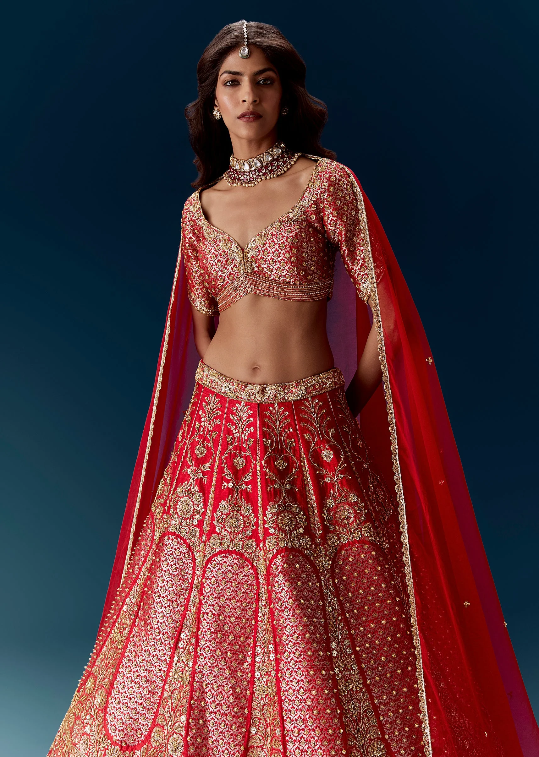 Red Banarasi Embroidered Bridal Lehenga And  Dupattas - Image 5