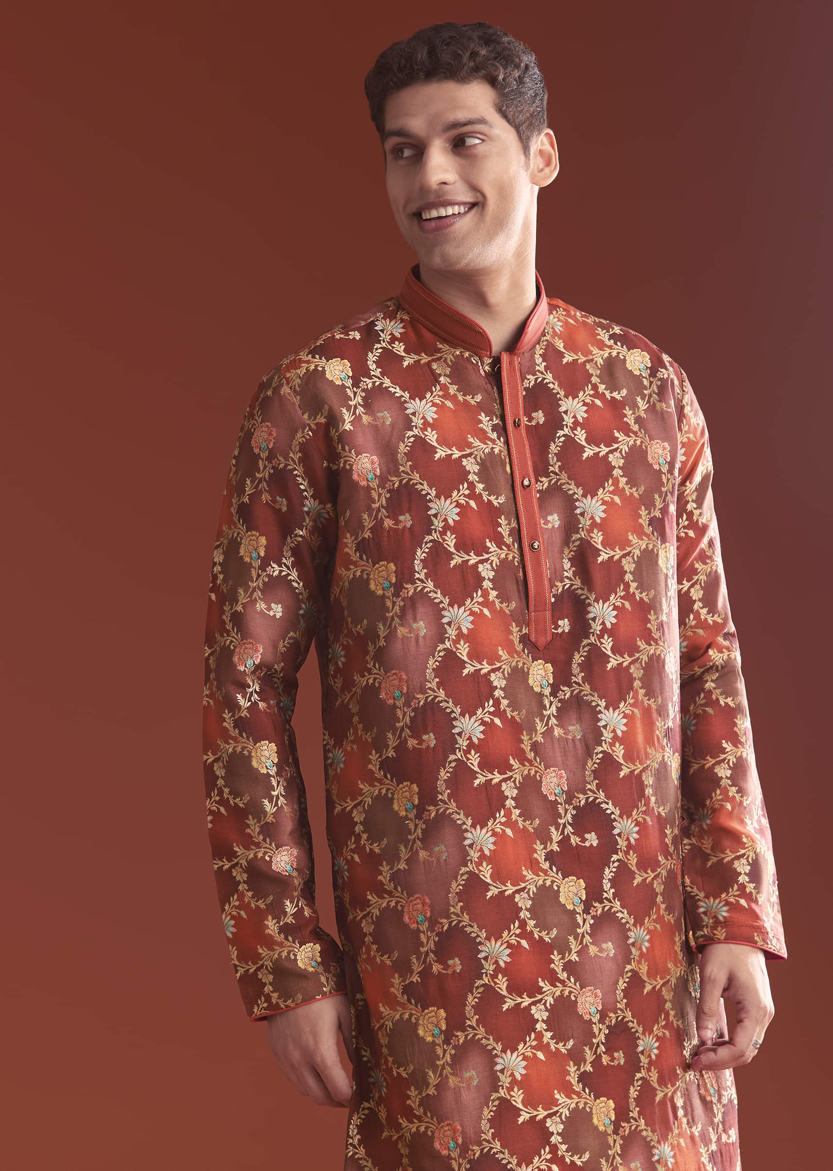 Red Banarasi Kurta Set For Men With Floral Pattern - Image 4