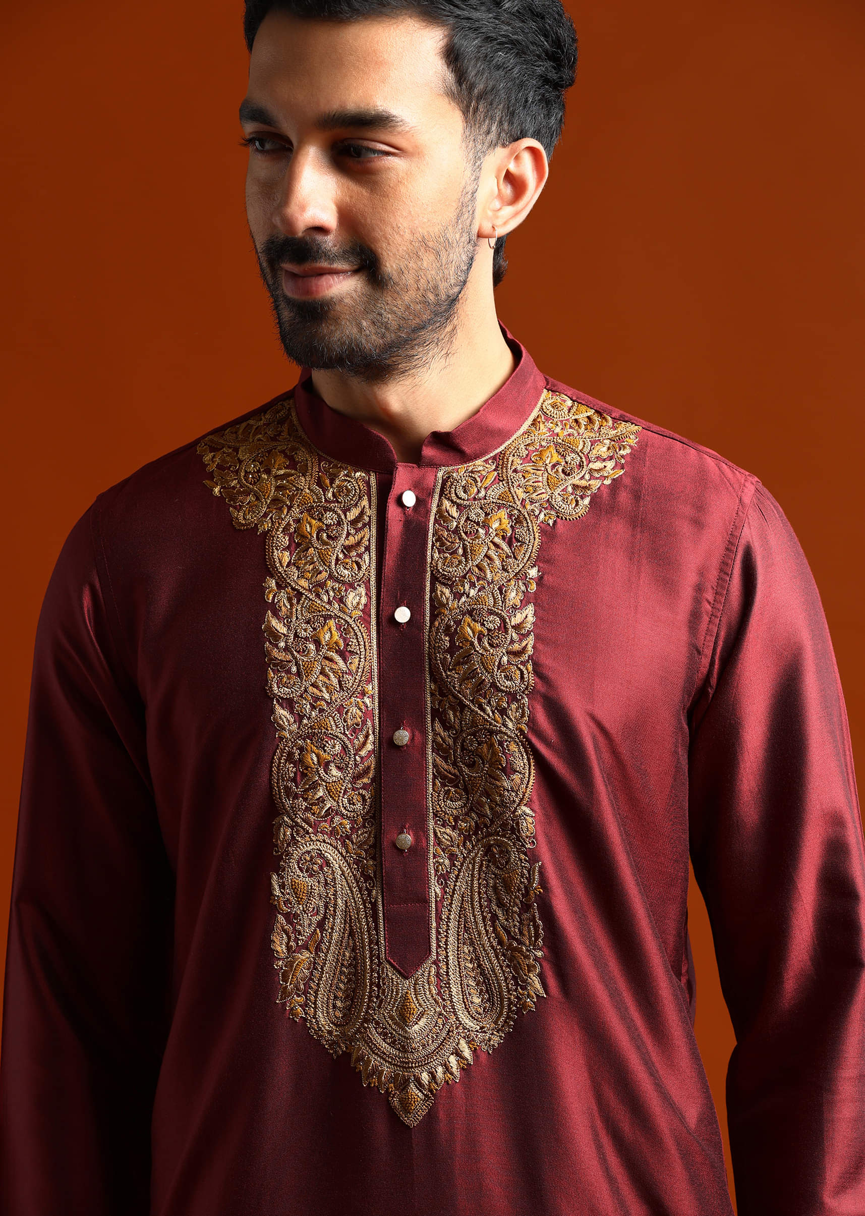 Red Banarasi Silk Kurta Set For Men With Heavy Hand Embroidery - Image 2