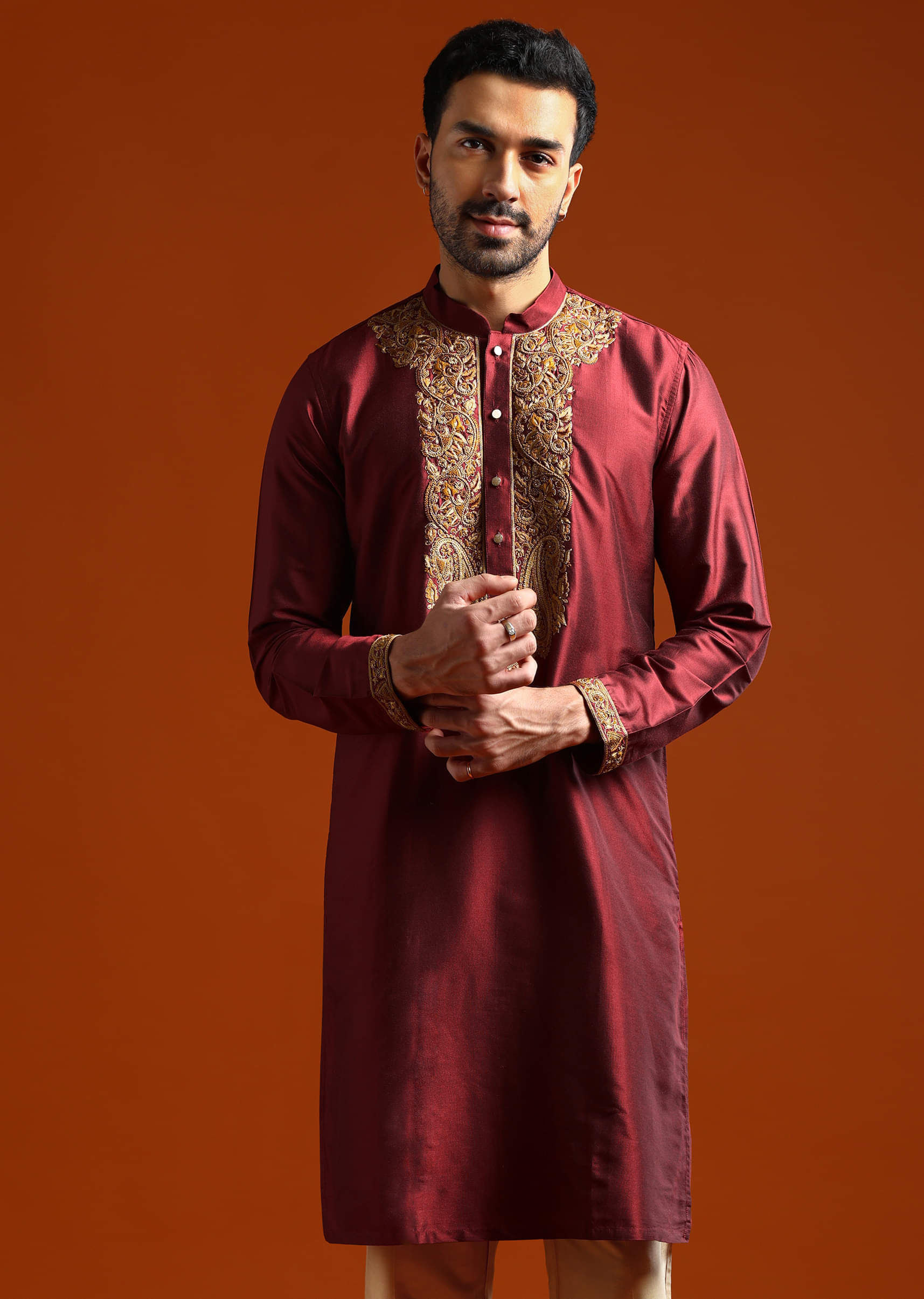 Red Banarasi Silk Kurta Set For Men With Heavy Hand Embroidery - Image 4