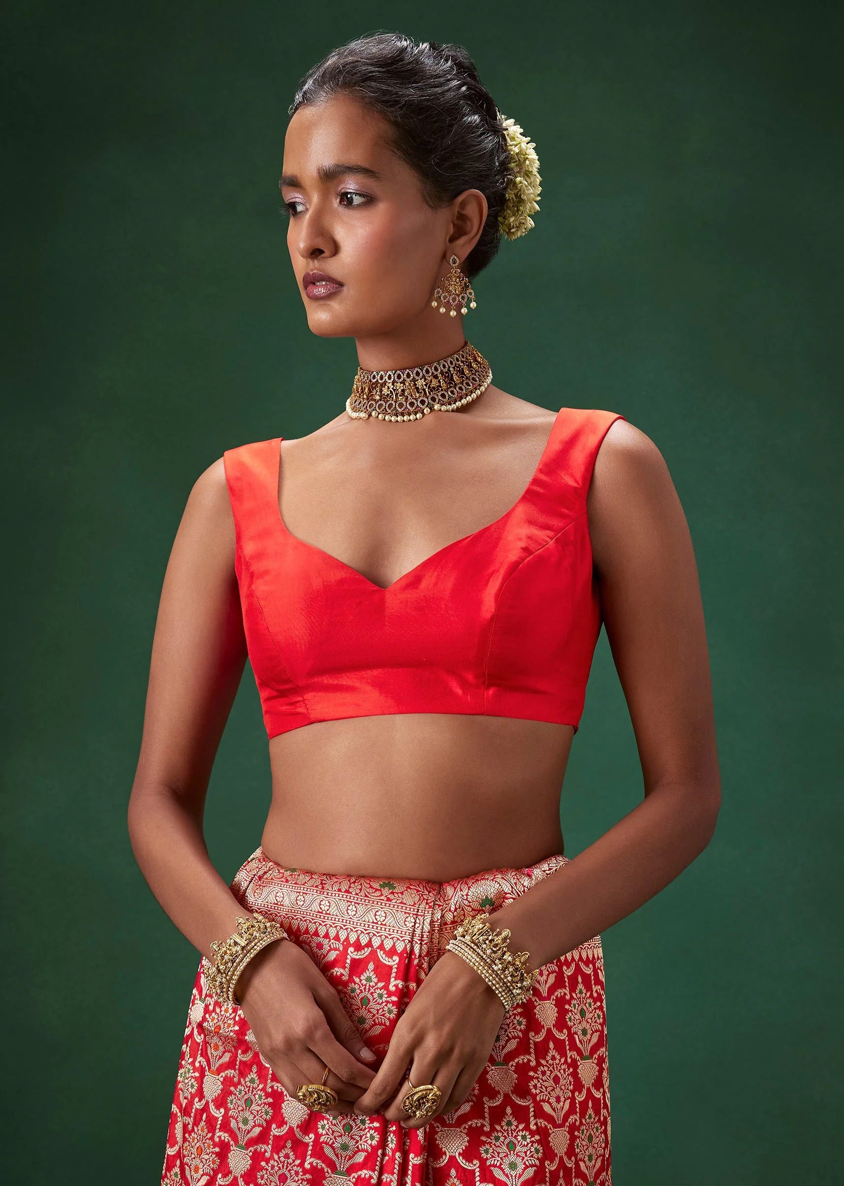 Red Banarasi Silk Saree with Unstitched Blouse - Image 7