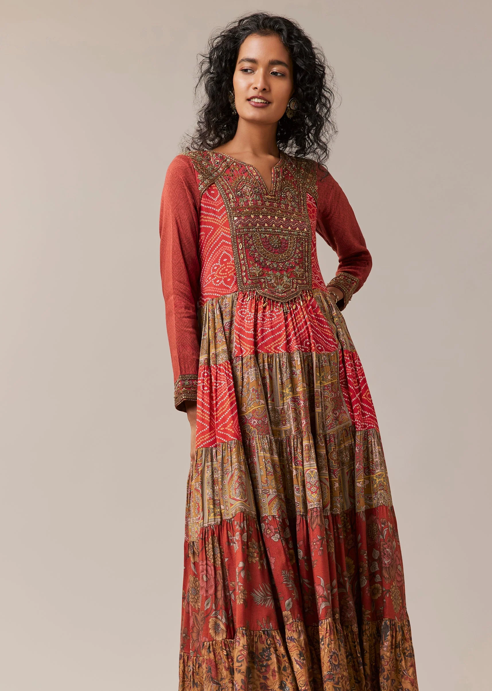 Red Bandhani and Floral Print Silk Long Kurti - Image 4