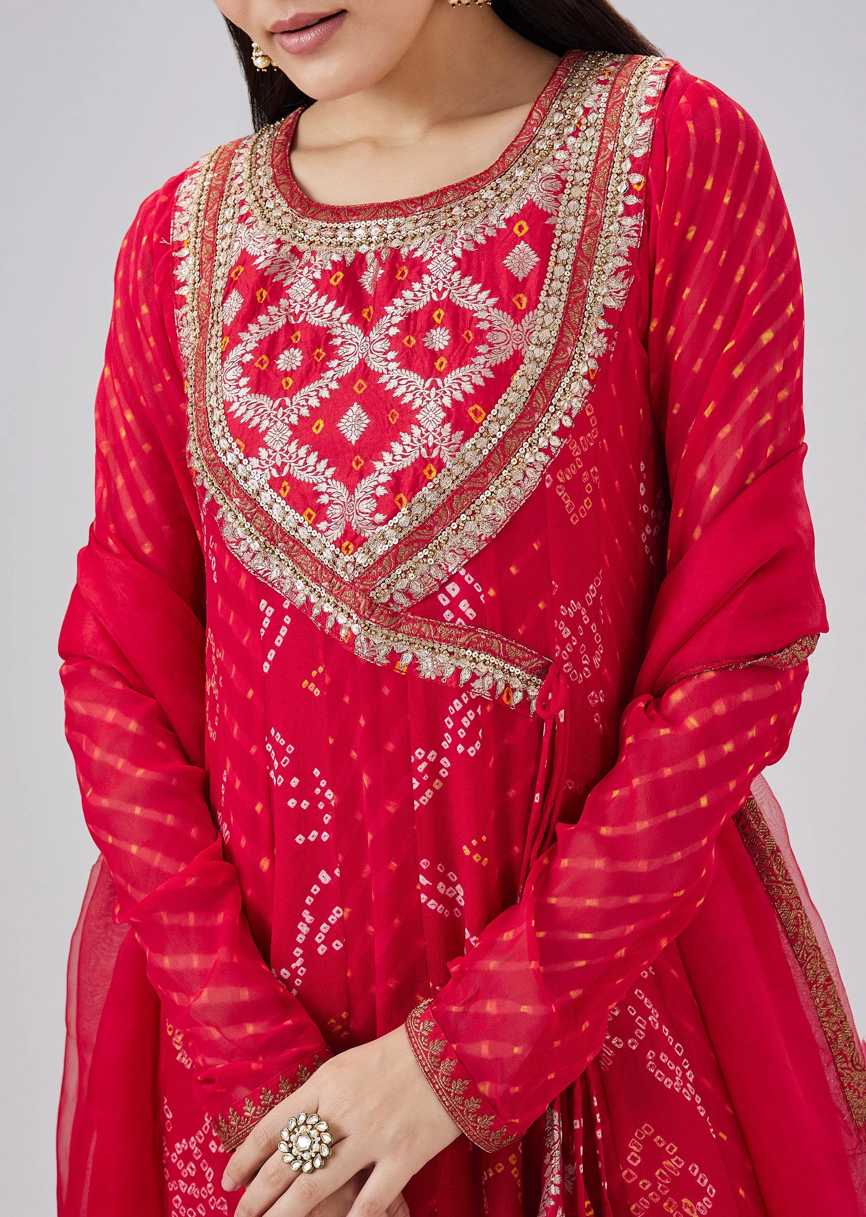 Red Bandhani And Leheriya Georgette Angrakha Anarkali Set - Image 2