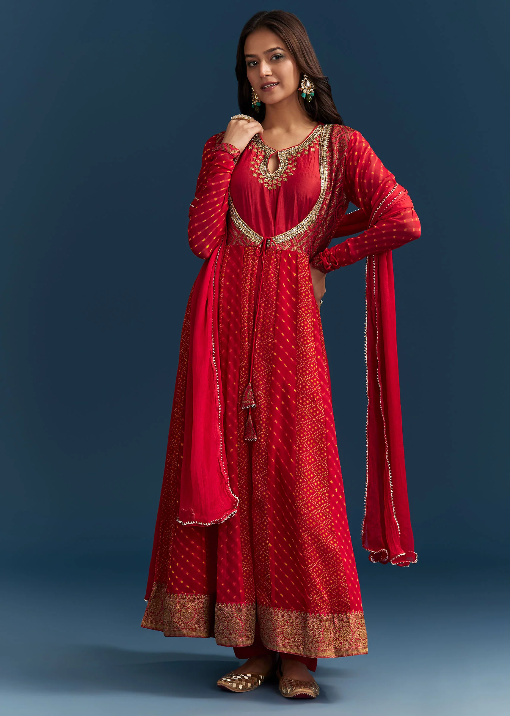 Red Bandhani And Leheriya Jacket Anarkali Suit In Georgette - Image 4