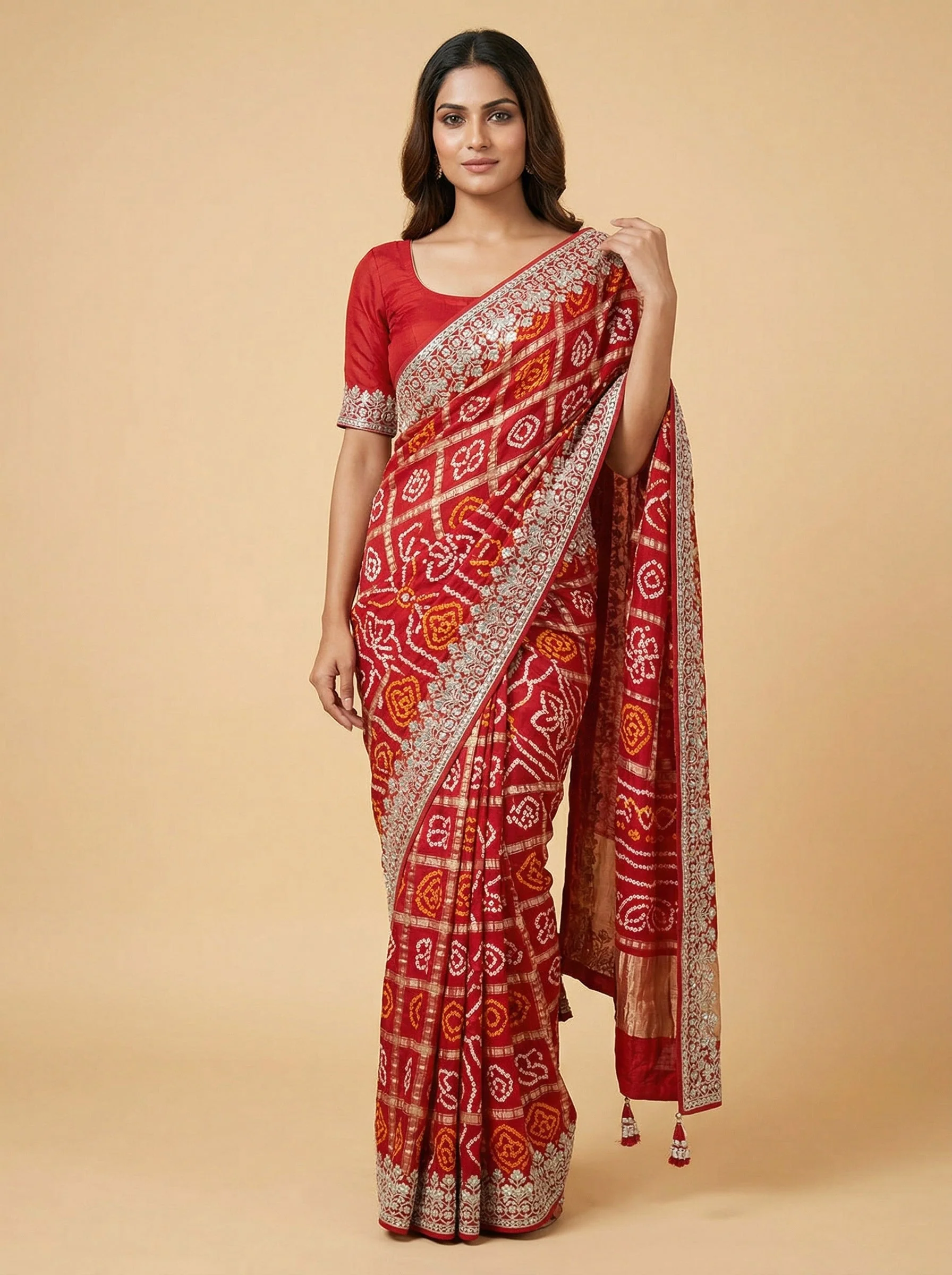 Red Bandhani Heritage Saree