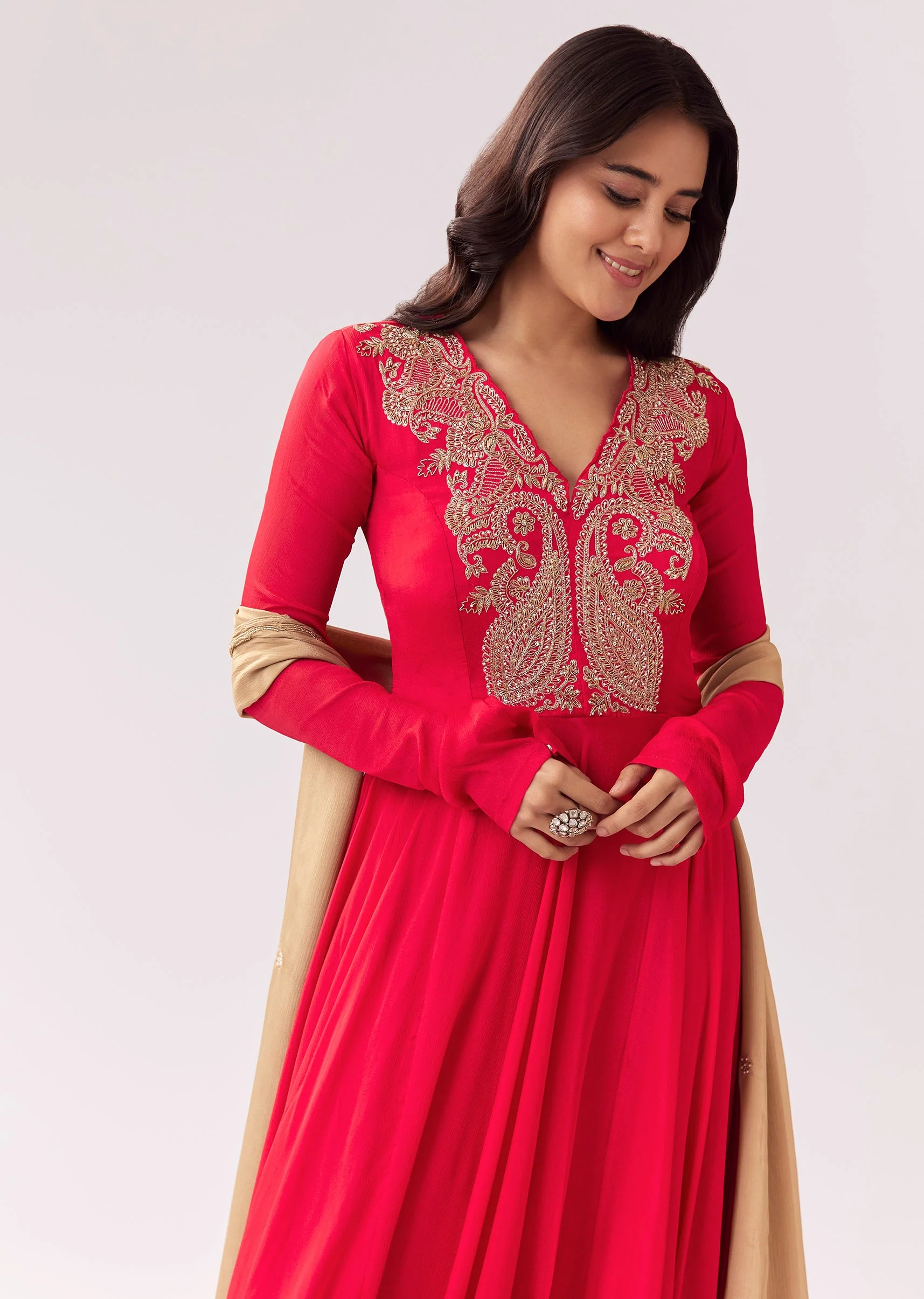 Red Beige Zardozi Anarkali - Image 4