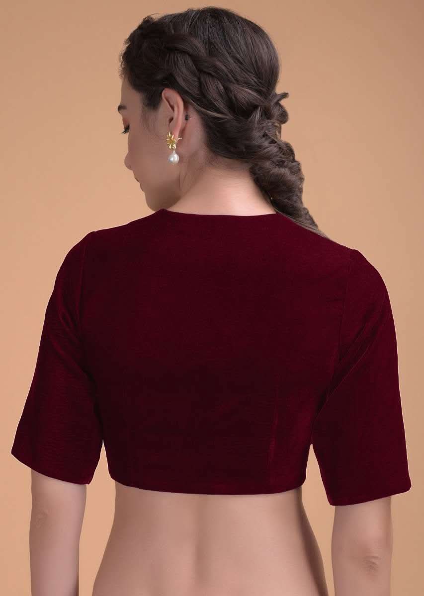 Red Blouse In Velvet With A Zari Lace Defining The Neckline - Image 2