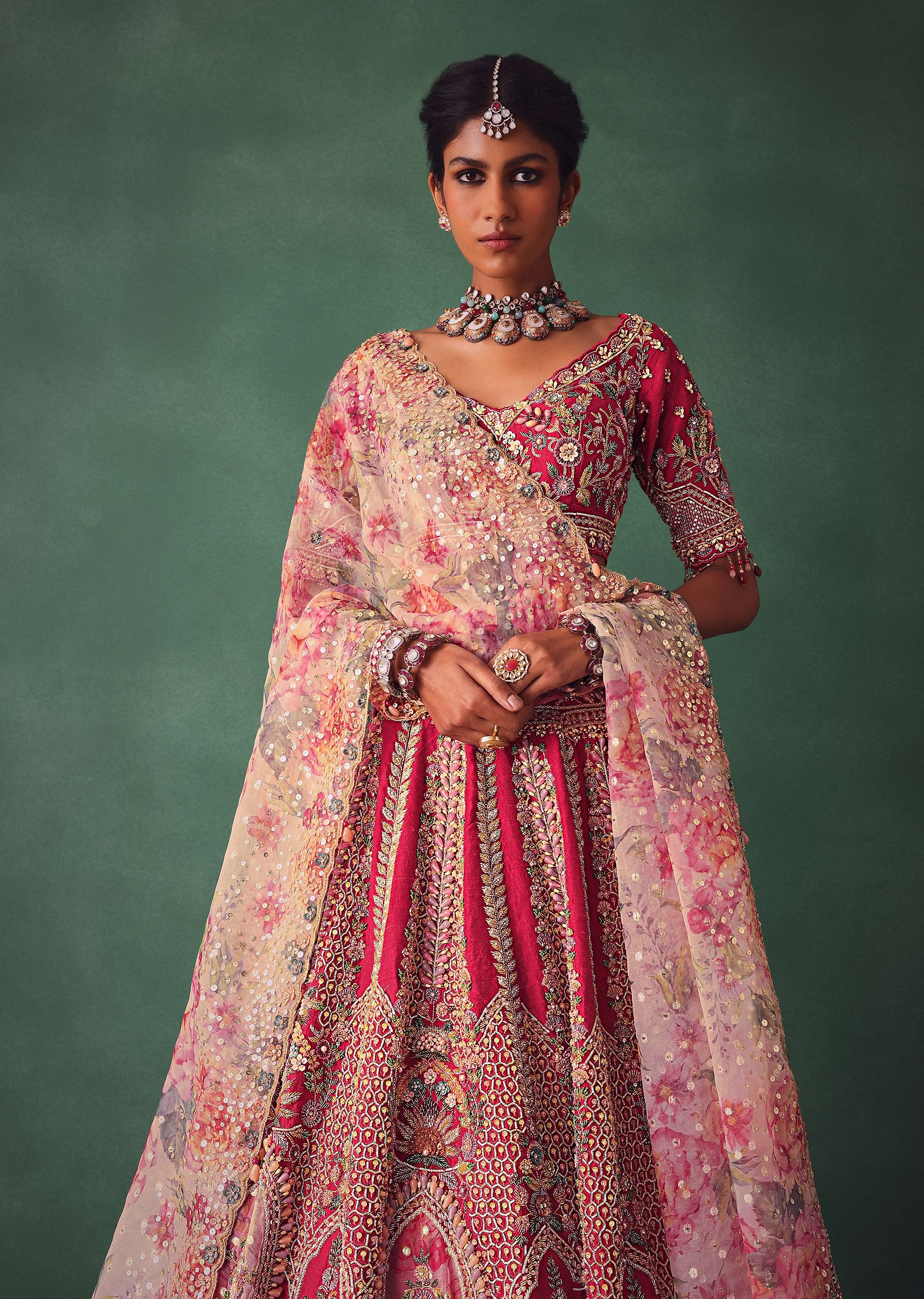 Red Bridal Lehenga With V Neck Blouse Back Dori And Dupatta - Image 2